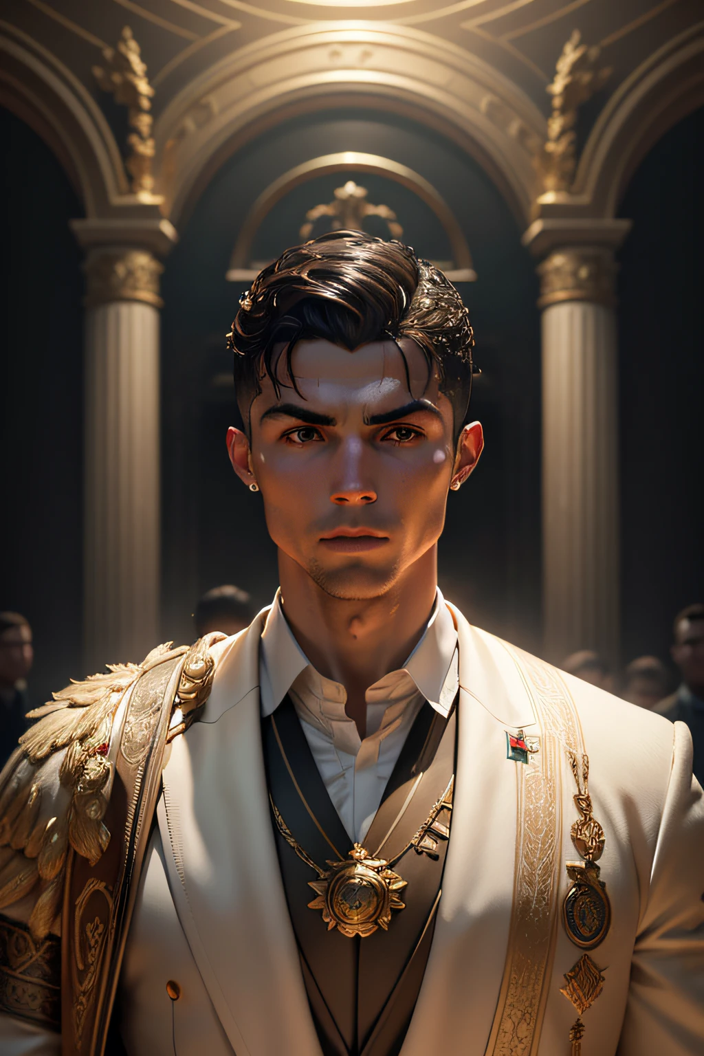 Cristiano Ronaldo as the Roman senator's ancient laurel wreath in the epic composition of head characters, Por Ilya Kuvshinov, alessio albi, Nina Masic, foco nítido, natural lighting, Subsurface scattering, f2, 35 mm, filmic grain