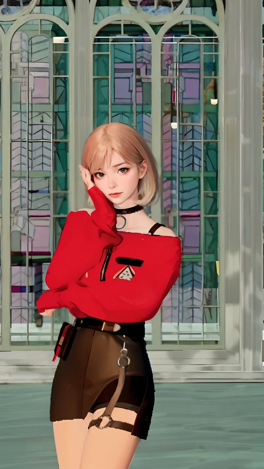 1girl, short hair with a red shirt with a black skirt in a video game, (masterpiece, best quality:1.2), 8k, absurdres, (upper body:1.2), violaceaess, gardeniass, beautiful girl, (pretty face, detailed face:1.2), (crochet halter tank top:1.2), large breasts, looking at viewer, film grain, chromatic aberration, sharp focus, HDR, facelight,