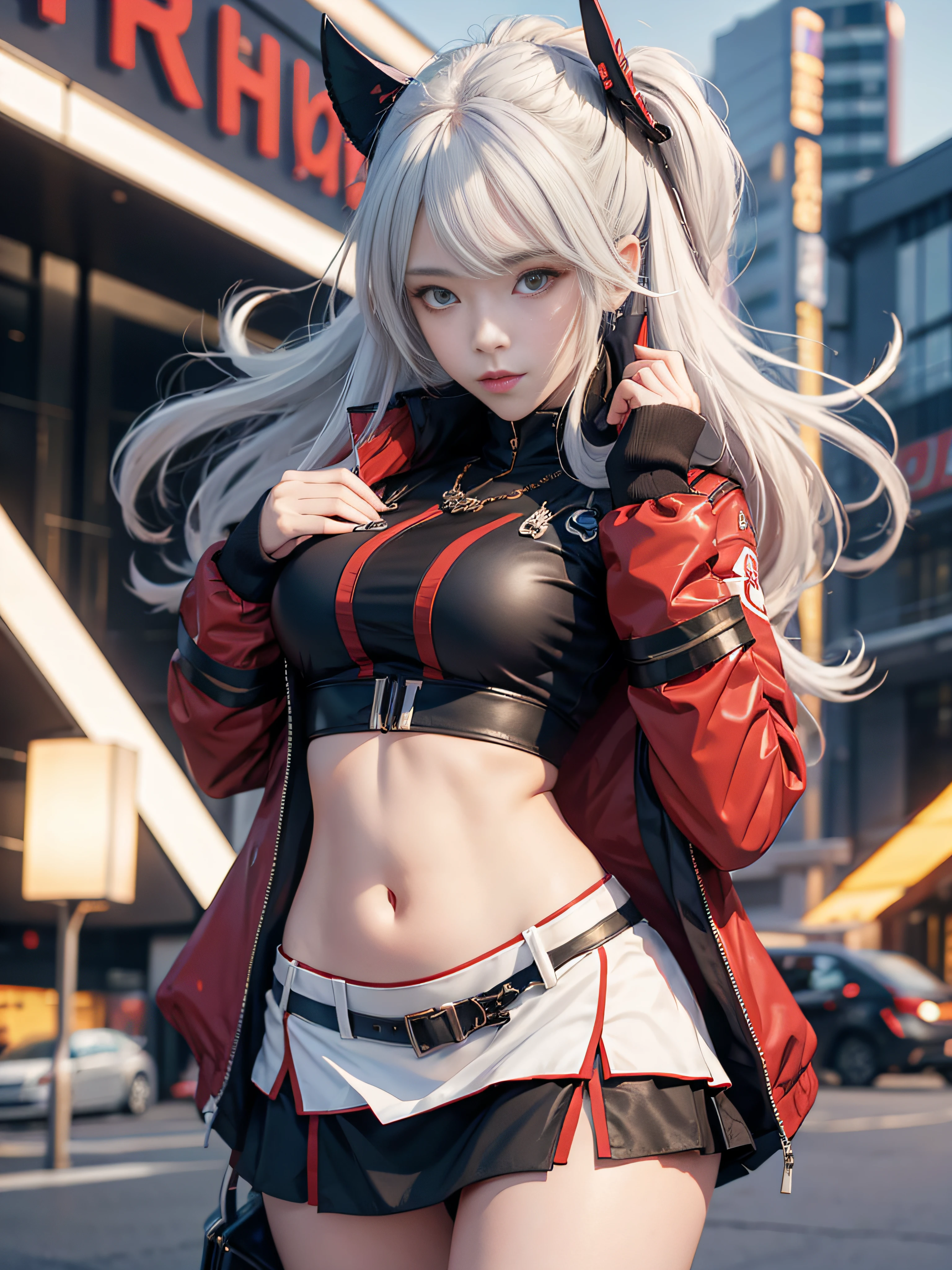 Prinz Eugen character, anime girl with long and red jacket posing, seductive anime girl, anime 8k, azur lane style, from girls frontline, attractive anime girl, badass anime 8 k, anime style 8k, perfect white haired girl, female anime character, characters from azur lane, Prinz Eugen's jacket, Prinz Eugen's hairstyle, short skirt,