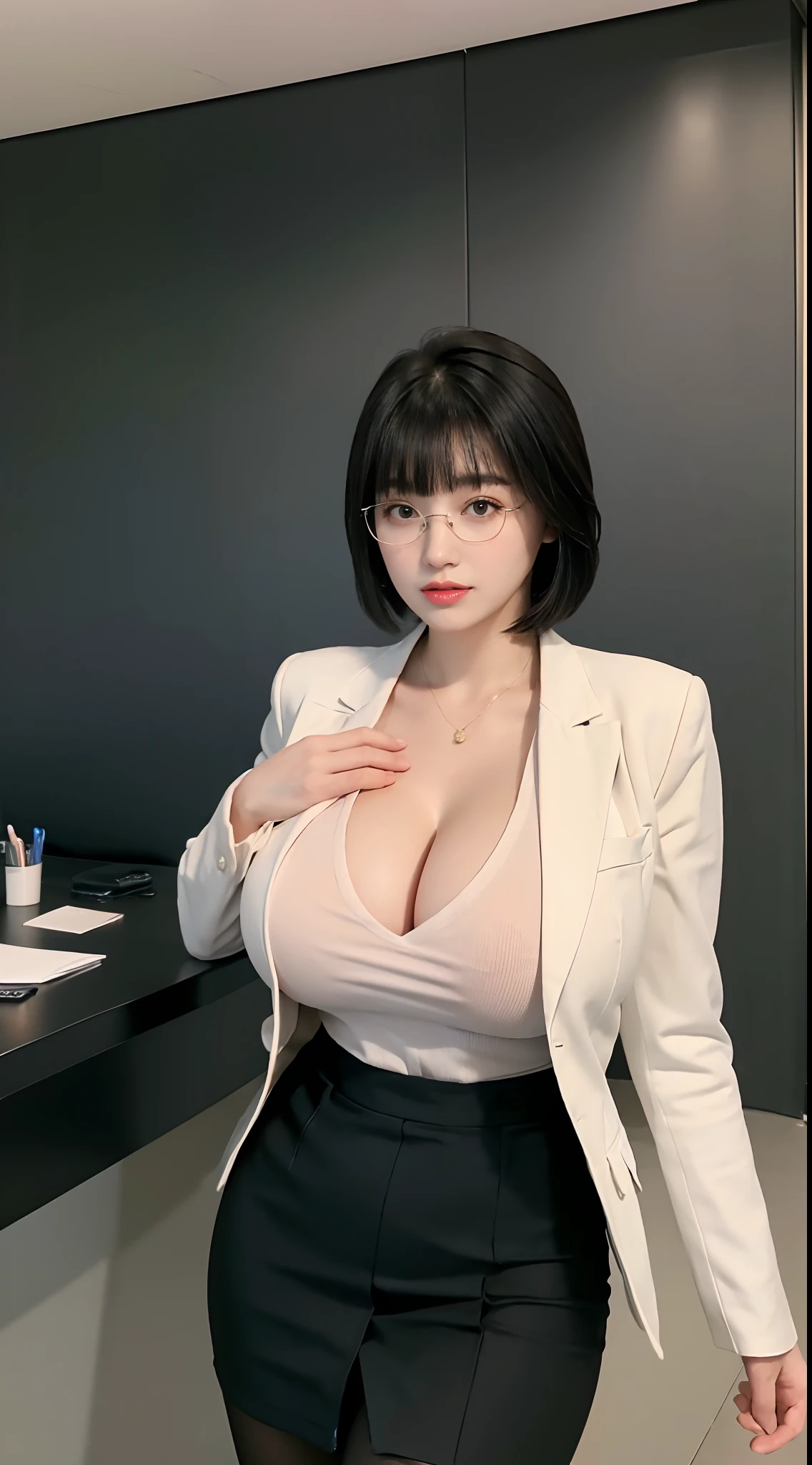 (Nsfw:1) there is a busty woman in a white jacket and black short skirt posing for a picture, huge fake boobs, sexy muscular body, slim waist, big buttocks, front bangs short hair, glasses, business clothes, generous cleavage open jacket, wearing black business suit, girl in suit, wearing business suit, office clothes, wearing a black noble suit, girl in a suit, open jacket, woman in black business suit, ji-min, with black, white business suit, business attire, laboratorium room, full body, standing.