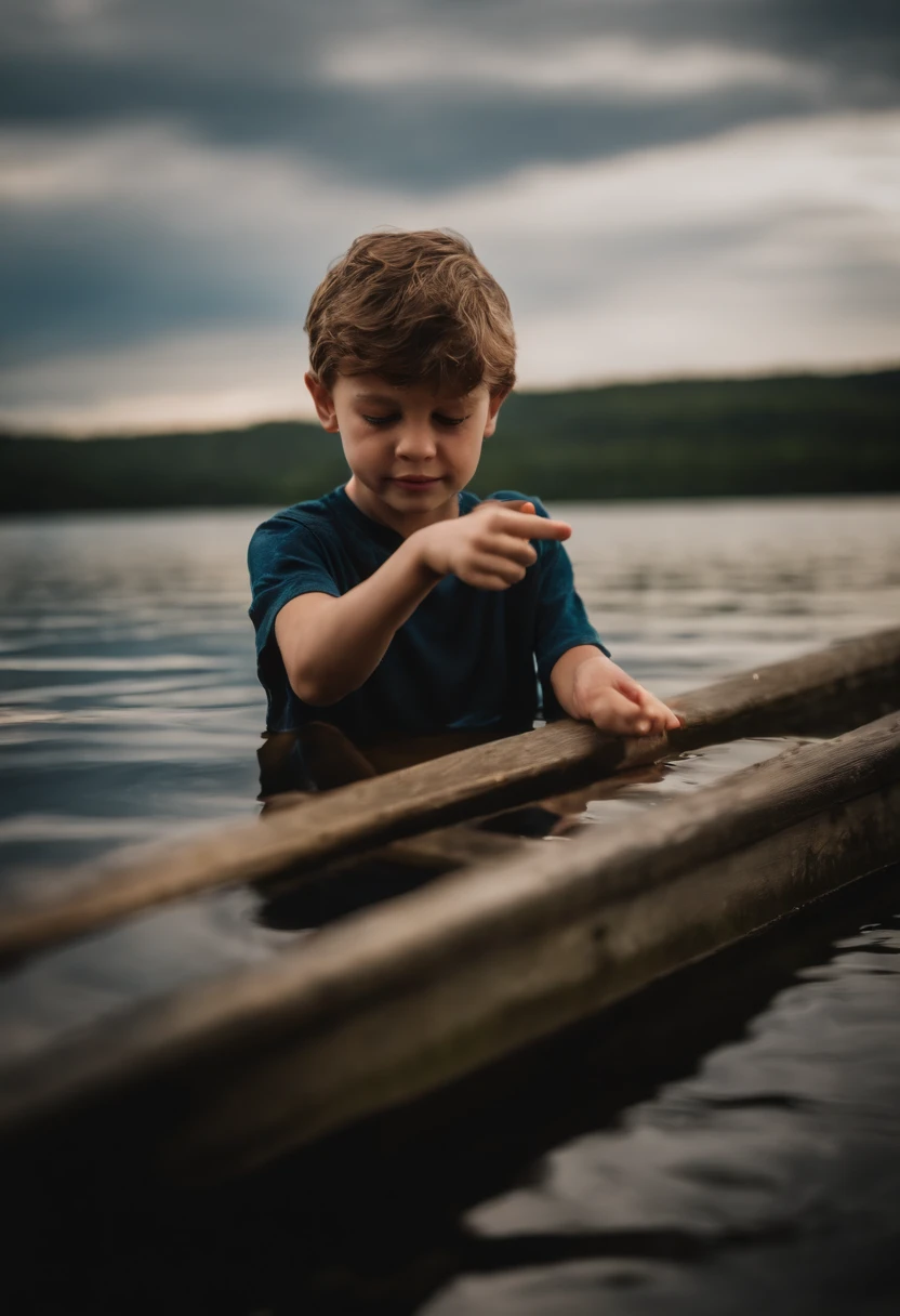 Portrait of a boy on a lake but we must see hers face and he is putting hers finger in the water