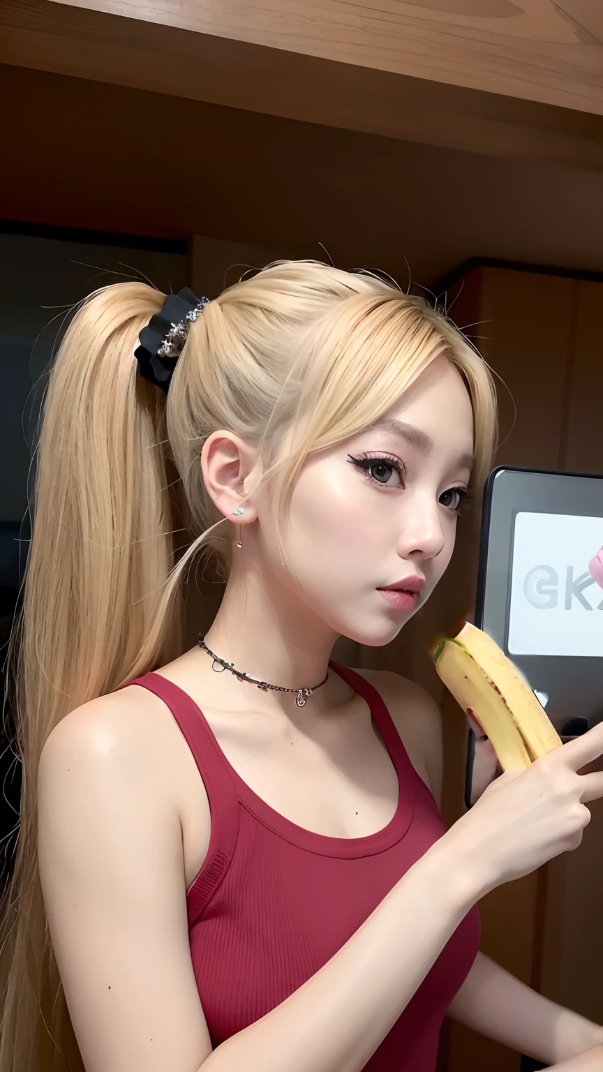 Blonde woman in red top holding banana, Real life anime girl with bananas open mouth, Korean Girl, tzuyu from twice, Larisa Manobal, roseanne park of blackpink, blonde hair with a pony tail, blond hair with pigtails, ulzzangs, Lalisa Manoban in blackpink, Belle Delphine, Long ponytail, Ponytail hair, kawaii hair style