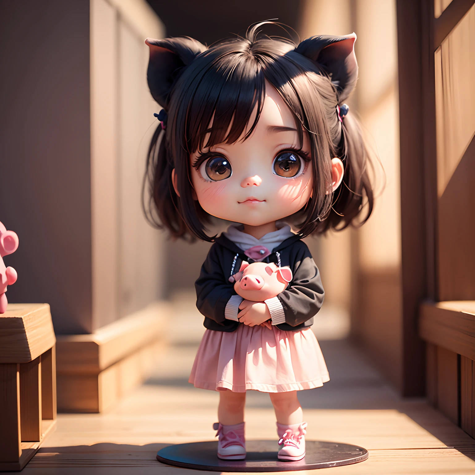 ​masterpiece、top-quality、ultra-detailliert、(Chibi Pig's Daughter:1.2)Charming chibi animation of cute  pig with panda-like face, (Chibi 3D): 1.3, (A detailed face:1.2), (Standing posture:1.1), Randomly generated backgrounds,Jumping