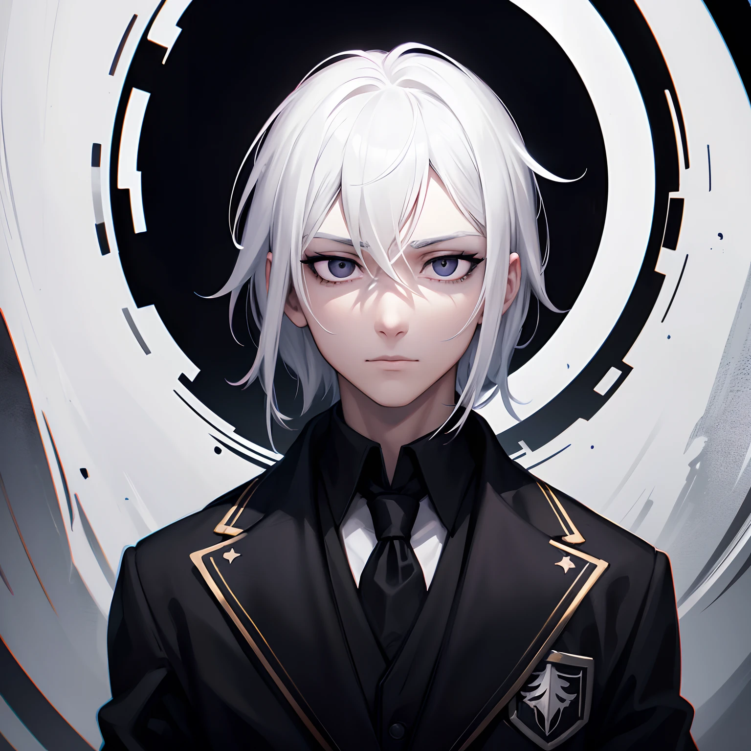 black eyes, white hair, a men, dark background, mysterious lighting, digital art style, intense colors, glowing eyes, (best quality, highres), (school uniform),