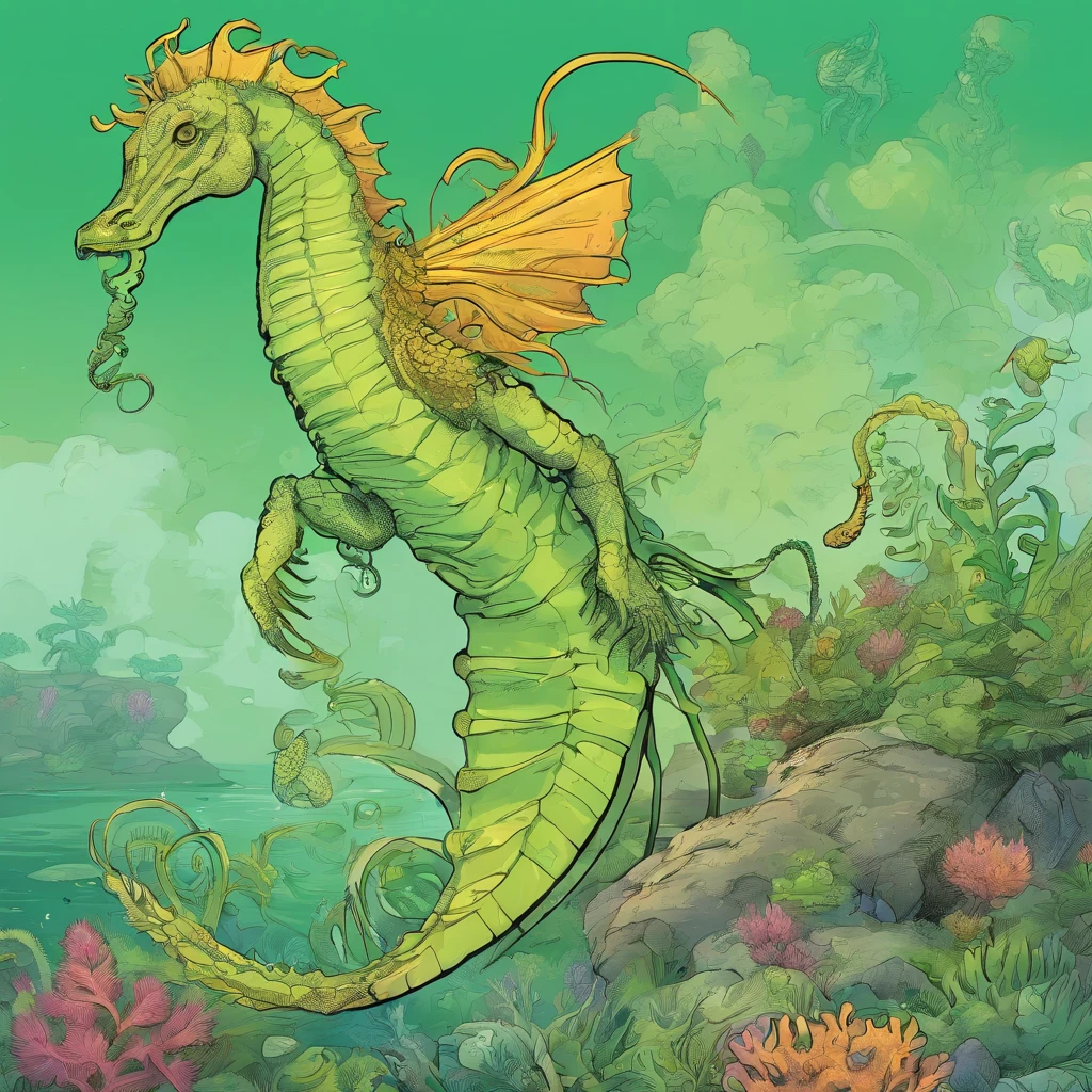 Alien Seahorse, Pale green in color, beehive hair style that is blond and swamp green, fancy crazy outfit, Masterpiece, Best Quality