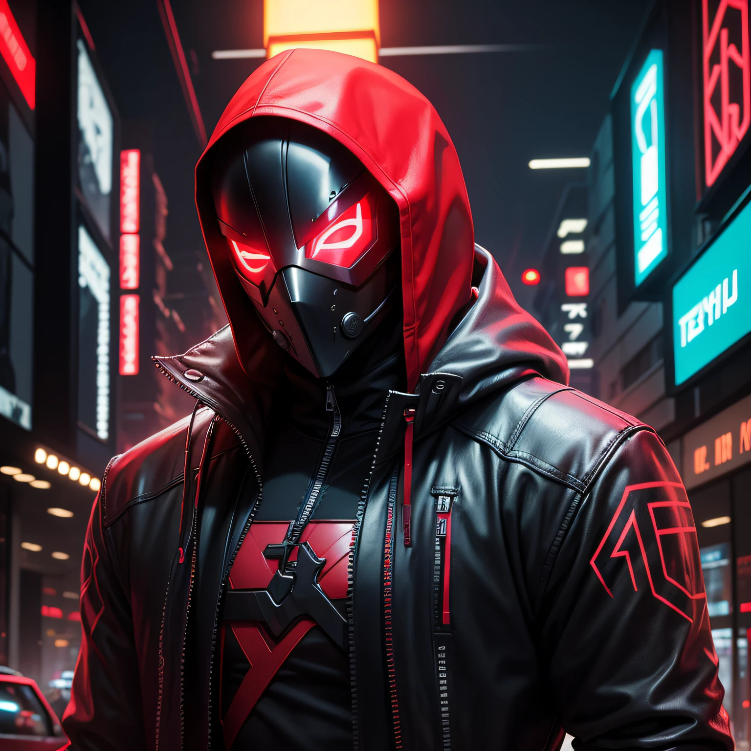 Masked man , neon vermelho , dark , com capuz, cyberpunk