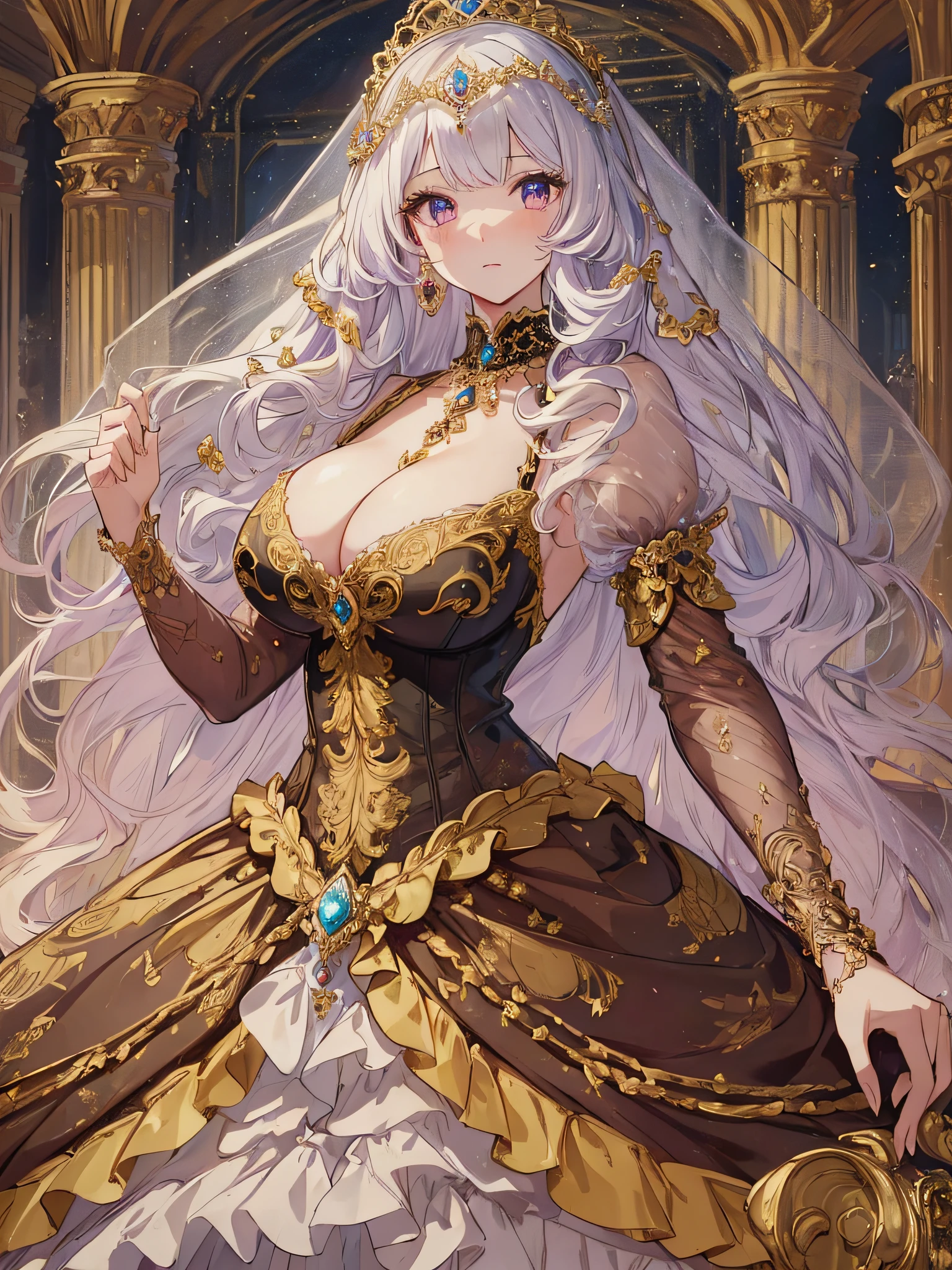 ((anime artstyle)),(Masterpiece),(Best Quality), (Super Detail),((Very Delicate and Beautiful)),1 girl,((full body portrait)),standing in palace of versailles,((solo)),digital art,(((1 princess in gorgeous princess rococo ballgown with voluminous full length hoop skirt))),crinoline,long train,(((gigantic tits,very huge tits,Long tits,skindentation))),((beautiful embroidery and jeweled)),voluminous frills,See-through,(gorgeous embroidery and beautiful lace),((large amount of straight hair,extremely voluminous Hair,Very Long Straight Hair)),((finely detailed face and eyes)),clear pupil,extremely gorgeousfull hair ornament,(bling-bling jeweled extremely gorgeousfull tiara),(bling-bling gorgeous gemstone jewelry),long veil,(beautiful background),full body,((gorgeous princess rococo ballgown with voluminous full length hoop skirt))