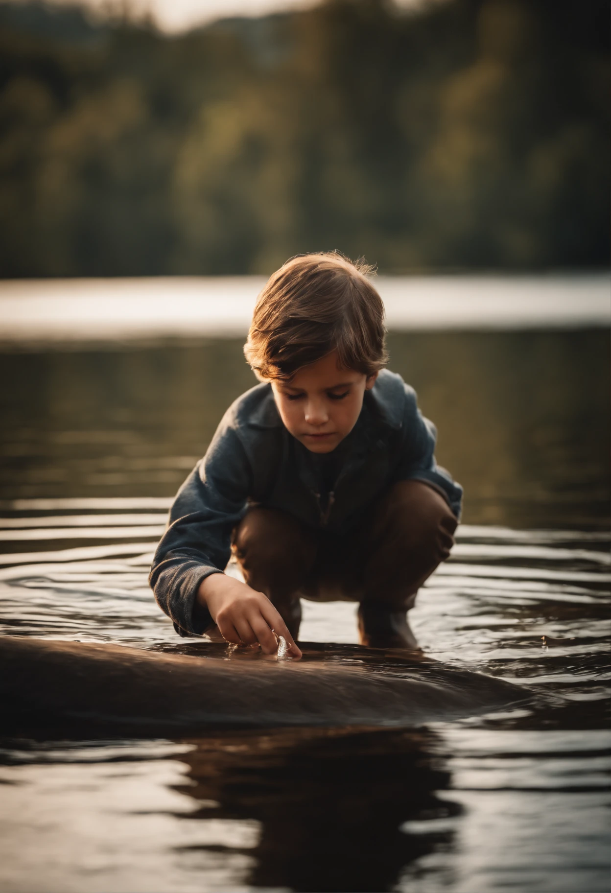 Portrait of a boy on a lake but we must see hers face and he is putting hers finger in the water