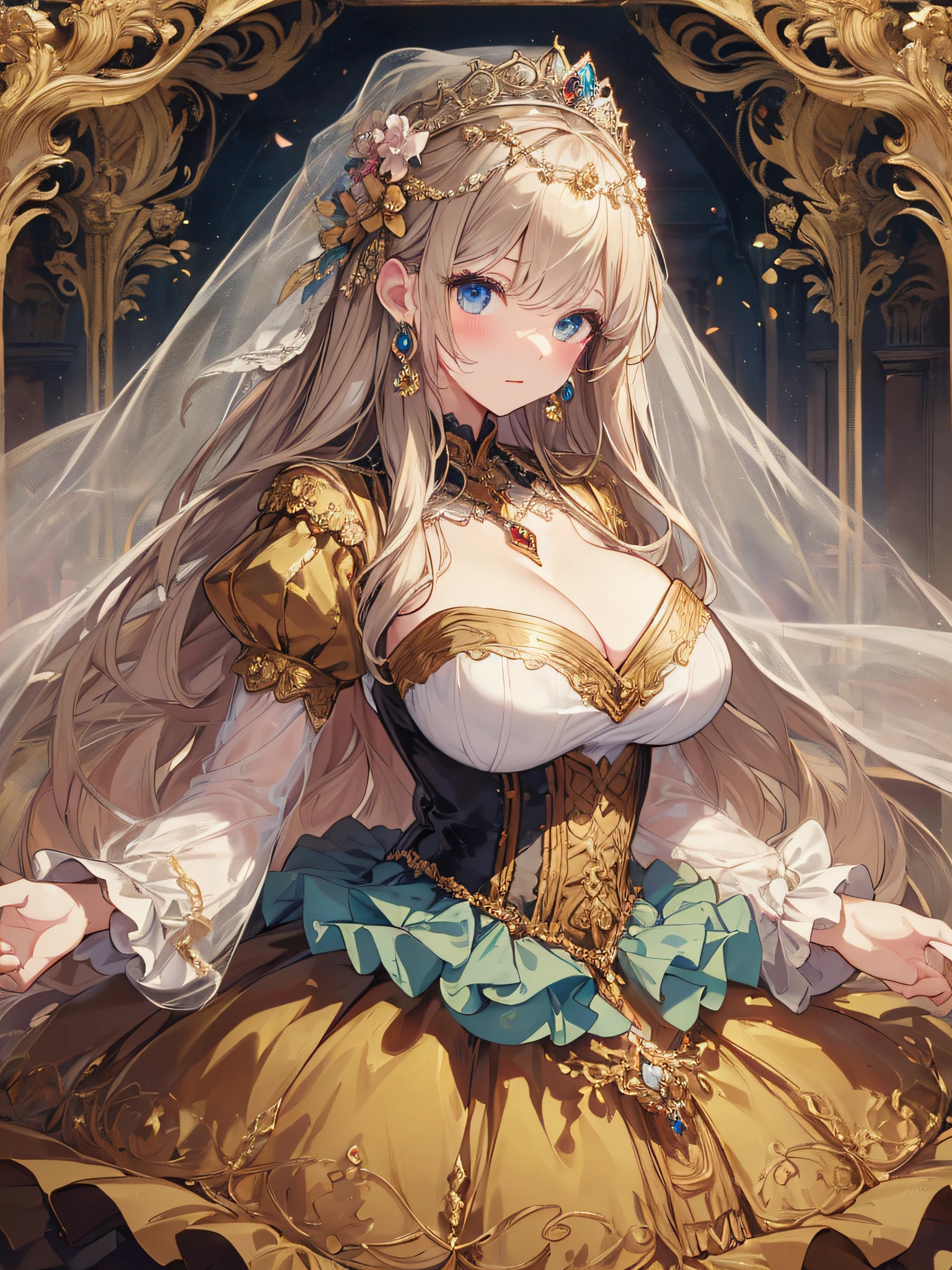 ((Anime Art Style)),(masutepiece),(Best Quality), (Super Detail),(Highly detailed CG Unity 8k wallpaper),((Very delicate and beautiful)),1 Lady,((Full body portrait)),((Stand in the garden)),((Solo)),(((One princess in a very gorgeous Rococo princess ball gown and a voluminous full-length hoop skirt adorned with gorgeous embroidery and jewels))),(((Giant Crinoline Hoop Skirt))),Long Train,((Gorgeous embroidery and jewelry)),voluminous ruffles,(((very very gigantic boobs,Skindentation))),cleavage,((Very long straight hair,Very voluminous straight long hair,Very long straight hair)),(finely detailed face and eyes),((Seductive smile,embarrassed)),Beautiful eyes like jewels,Very gorgeous hair ornament,(A very gorgeous tiara adorned with sparkly jewels),((Glitter Gorgeous Gemstone Jewelry)),Gorgeous Long Veil,((ultra long gloves)),(Beautiful background),(Full body),((Very gorgeous Rococo princess ball gown with gorgeous embroidery and jewels and voluminous full-length hoop skirt))