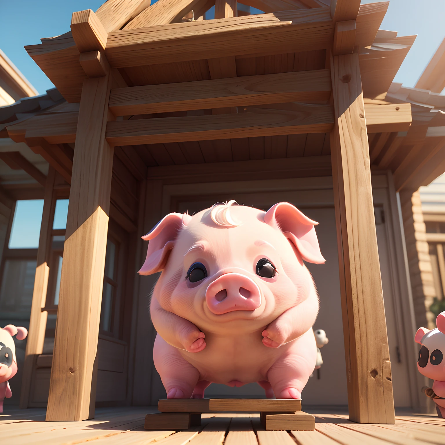 masterpiece、top-quality、ultra-detailliert、(Chibi Pig's Daughter:1.2)Charming chibi animation of cute piglets with panda-like faces, (Chibi 3D): 1.3, (A detailed face:1.2), (Standing posture:1.1), Randomly generated backgrounds,Jumping