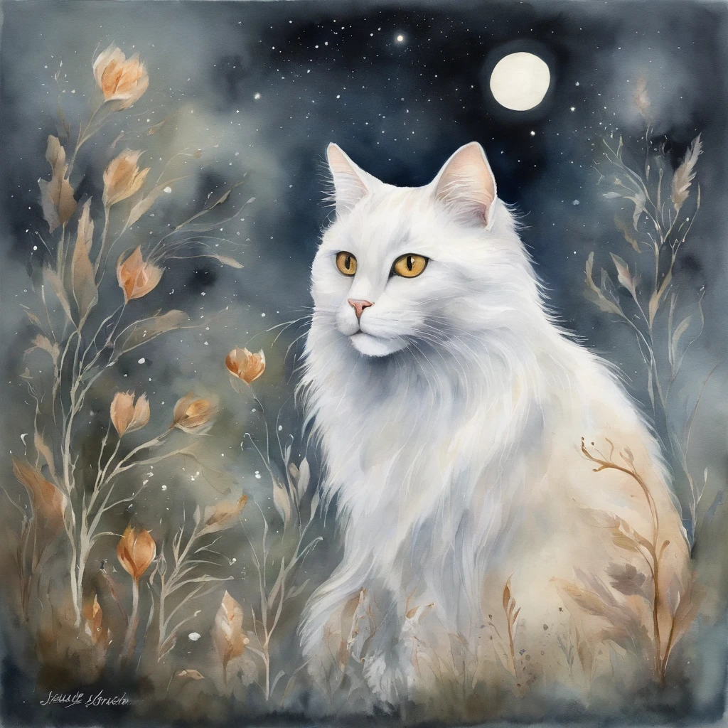 a ghost cat,transparent,pale,ethereal,floating,serene,glowing eyes,soft fur,whiskers,playful,graceful movements,moonlit garden,shadows,dreamlike,haunting,subtle colors,misty atmosphere,vibrant moonlight,quiet,otherworldly energy