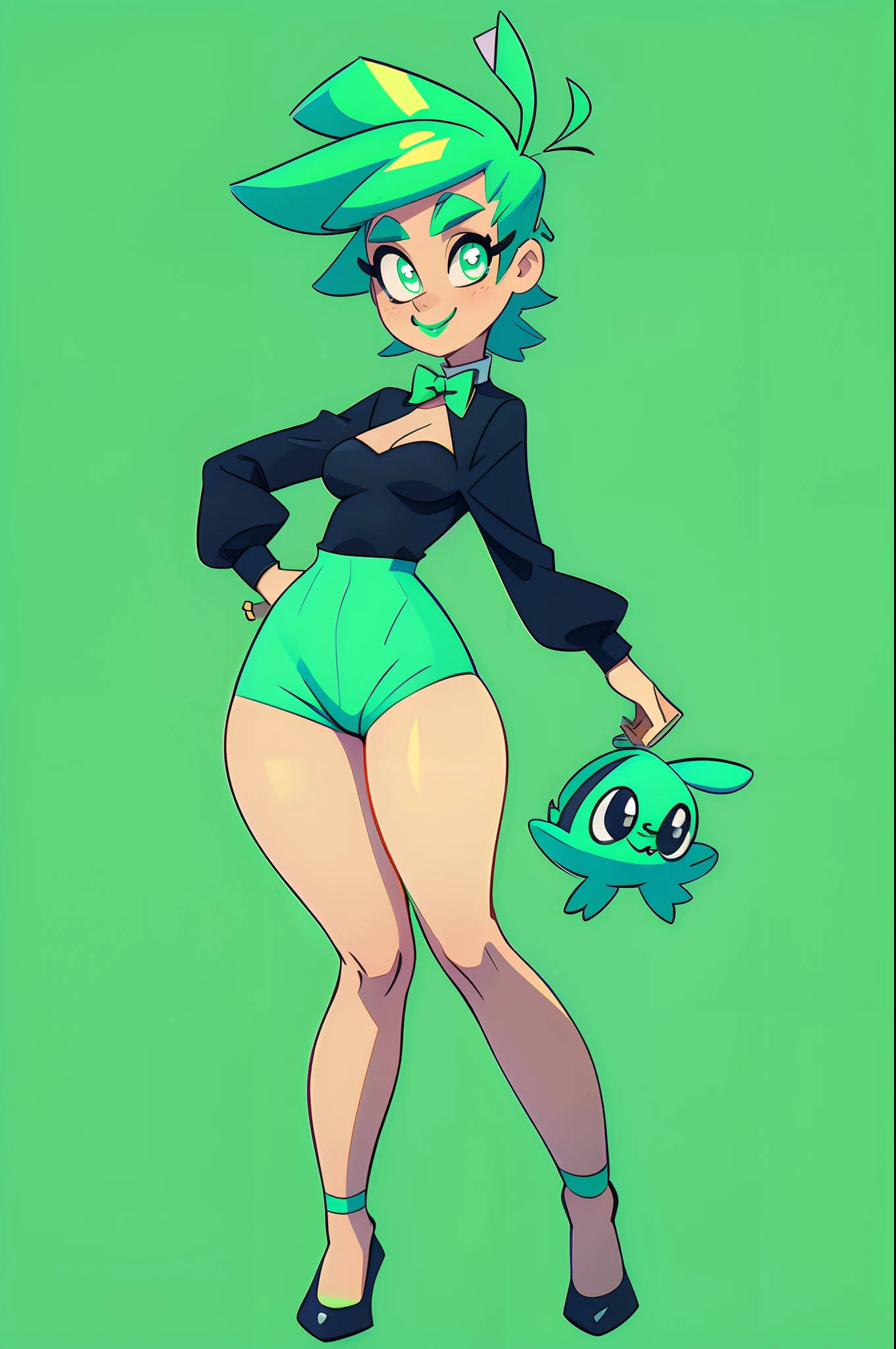 Mint_Skarpworld, gerph, very short hair, green hair, aqua hair, big eyes, small breasts, o3o, puckered lips, [green lipstick], (wide hips), thick thighs, black bunny outfit, bowtie, rabbit ears, rabbit pose, standing, full body, smile, pullover