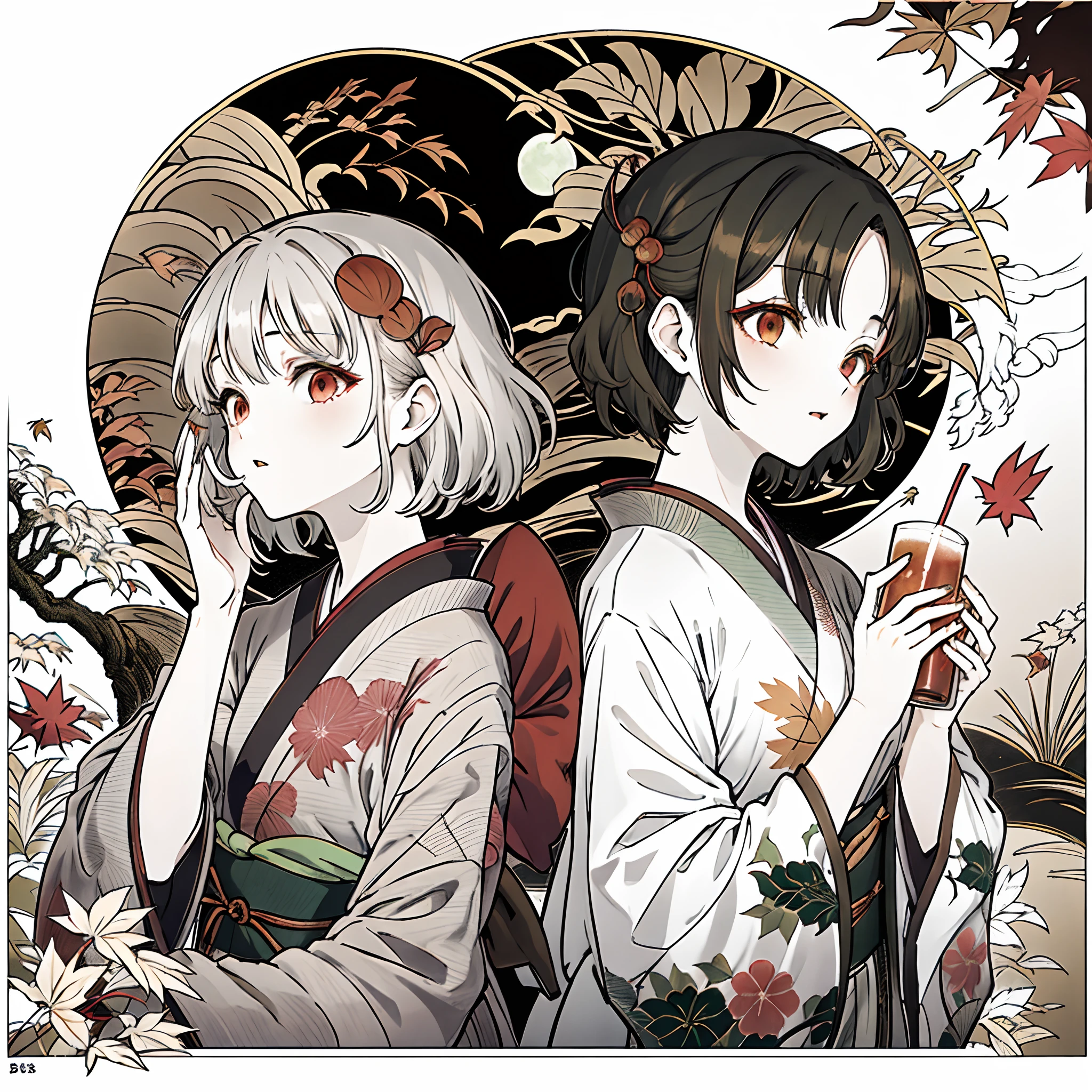 【Highest Quality, masutepiece】 [girl, Kimono, Red Eyes, profile, Wavy short hair, Brown hair, Upper body] (Moon, Autumn leaves with a green tint),  Japan drink alcohol, Sweat, long eyeslashes, Solo, Fireworks