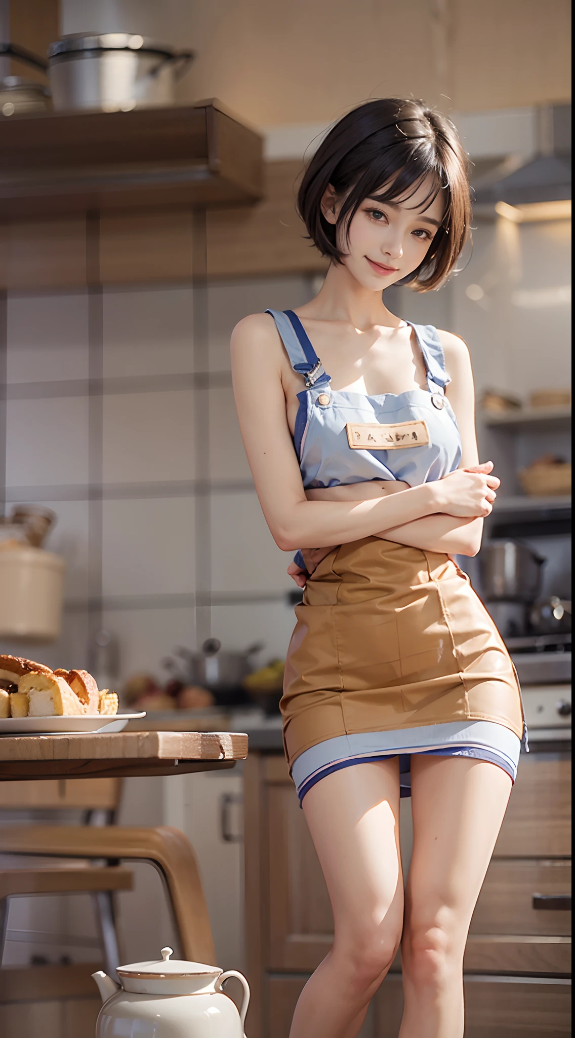 hightquality、beautiful japanese female、Perfect style、golden ratio short detailed hair,plain face,Colossal tits, ????? and wearing an apron,Cut vegetables,cooking a,Real Hand,kitchin,ssmile,