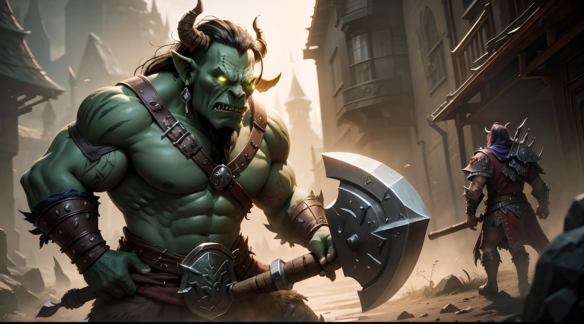 World of Warcraft horde cinematographic 4k orc green rpg d&d holding an ax in his hand character d&d very detailed