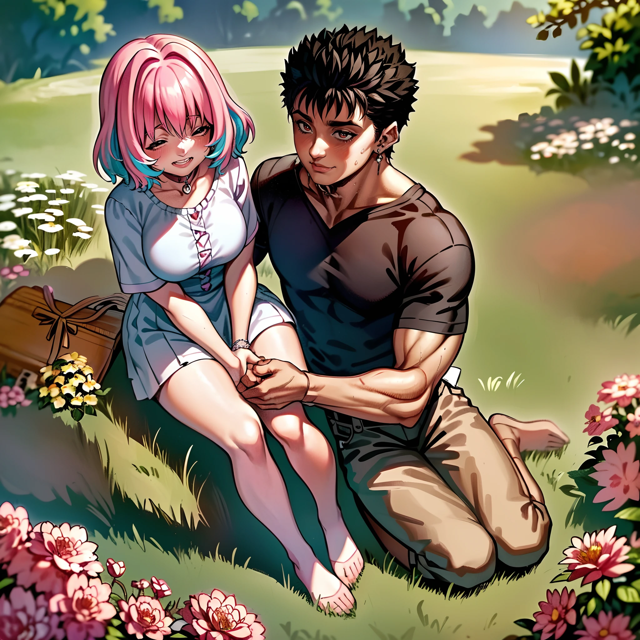(a happy family in a picnic garden),(riamu as a motherly figure),(riamu and her husband spending quality time),(a couple enjoying the outdoors),(riamu's children playing and having fun),(guts as a loving and caring father),(a loving husband and wife),(riamu and her son sharing a joyful bond),(a happy and harmonious family),(the joyful laughter of children),(the warmth of family bonds),(a picturesque garden scene),(the vibrant colors of nature),(the soft sunlight filtering through the trees),(a peaceful and serene atmosphere),(guts and riamu surrounded by blooming flowers),(the scent of freshly cut grass),(a delicious picnic spread with a variety of food),(the sound of birds chirping),(the feeling of grass beneath their feet),(the love and happiness radiating from the family),(a moment of pure joy and togetherness),(a snapshot of a perfect family outing),(a memory to be cherished forever)