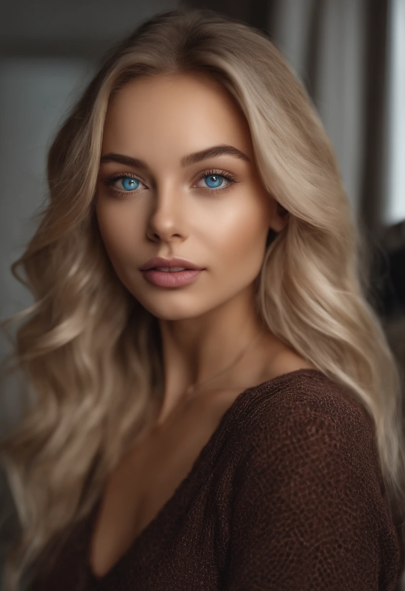 arafed woman fully , sexy girl with blue eyes, ultra realistic, meticulously detailed, portrait sophie mudd, blonde hair and large eyes, selfie of a young woman, bedroom eyes, violet myers, without makeup, natural makeup, looking directly at the camera, face with artgram, subtle makeup,  in bedroom, medium to large size bust