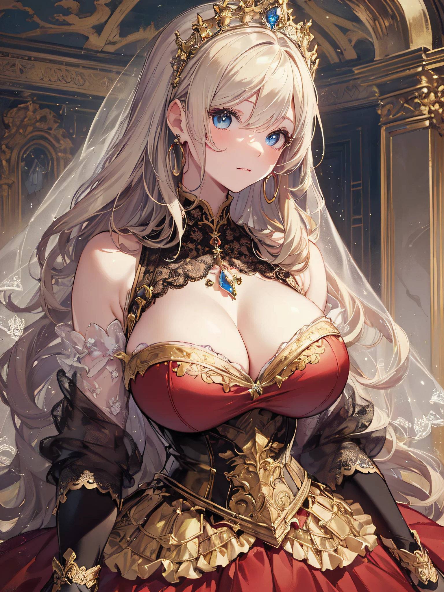 ((anime artstyle)),(Masterpiece),(Best Quality), (Super Detail),((Very Delicate and Beautiful)),1 girl,((full body portrait)),standing in palace of versailles,((solo)),digital art,(((1 princess in gorgeous princess rococo ballgown with voluminous full length hoop skirt))),crinoline,long train,(((gigantic tits,very huge tits,Long tits,skindentation))),((beautiful embroidery and jeweled)),voluminous frills,See-through,(gorgeous embroidery and beautiful lace),((large amount of straight hair,extremely voluminous Hair,Very Long Straight Hair)),((finely detailed face and eyes)),clear pupil,extremely gorgeousfull hair ornament,(bling-bling jeweled extremely gorgeousfull tiara),(bling-bling gorgeous gemstone jewelry),long veil,(beautiful background),full body,((gorgeous princess rococo ballgown with voluminous full length hoop skirt))