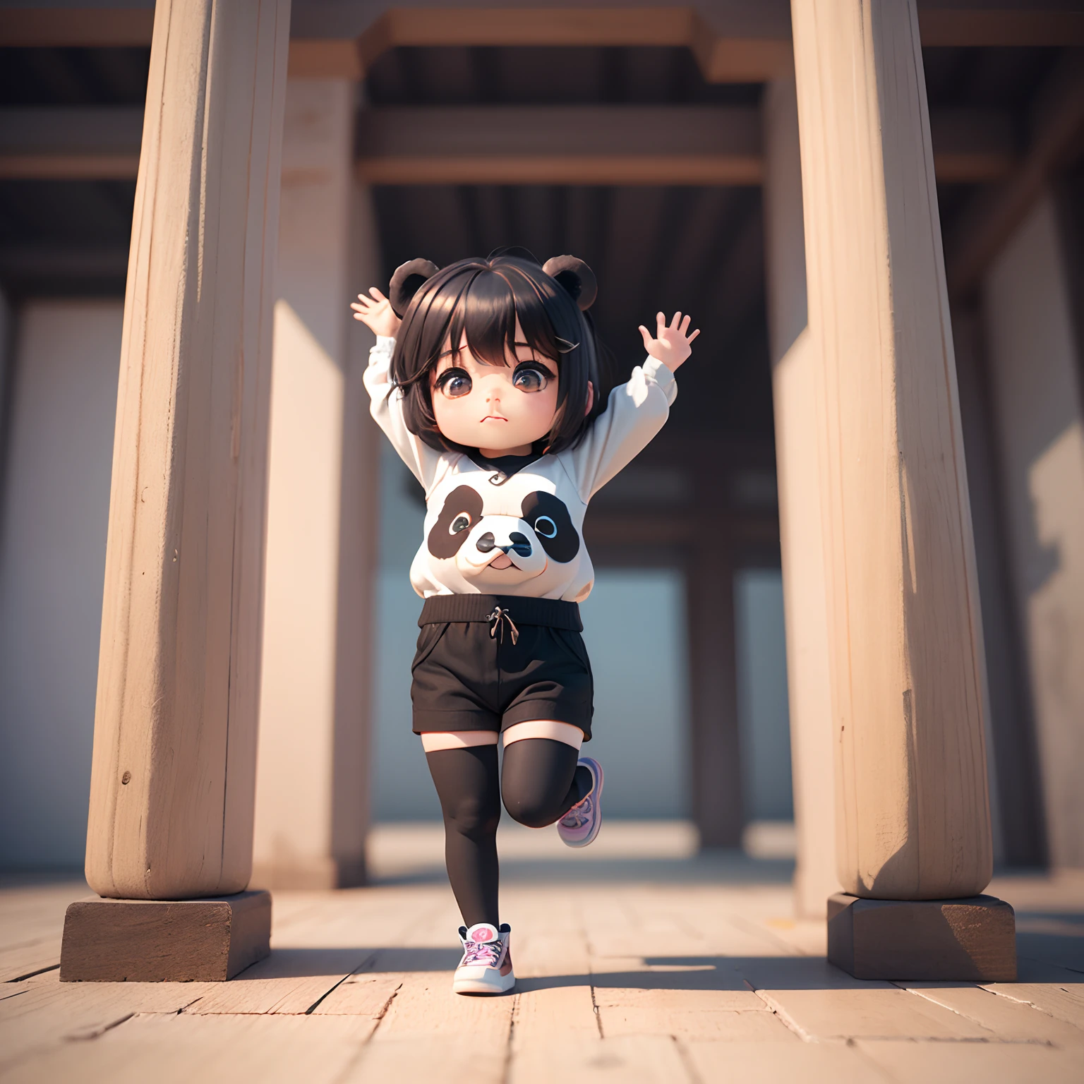 ​masterpiece、top-quality、ultra-detailliert、(Chibi Panda's Daughter:1.2)Charming chibi animation of a cute panda with a pig-like face, (Chibi 3D): 1.3, (A detailed face:1.2), (Standing posture:1.1), Randomly generated backgrounds,Jumping