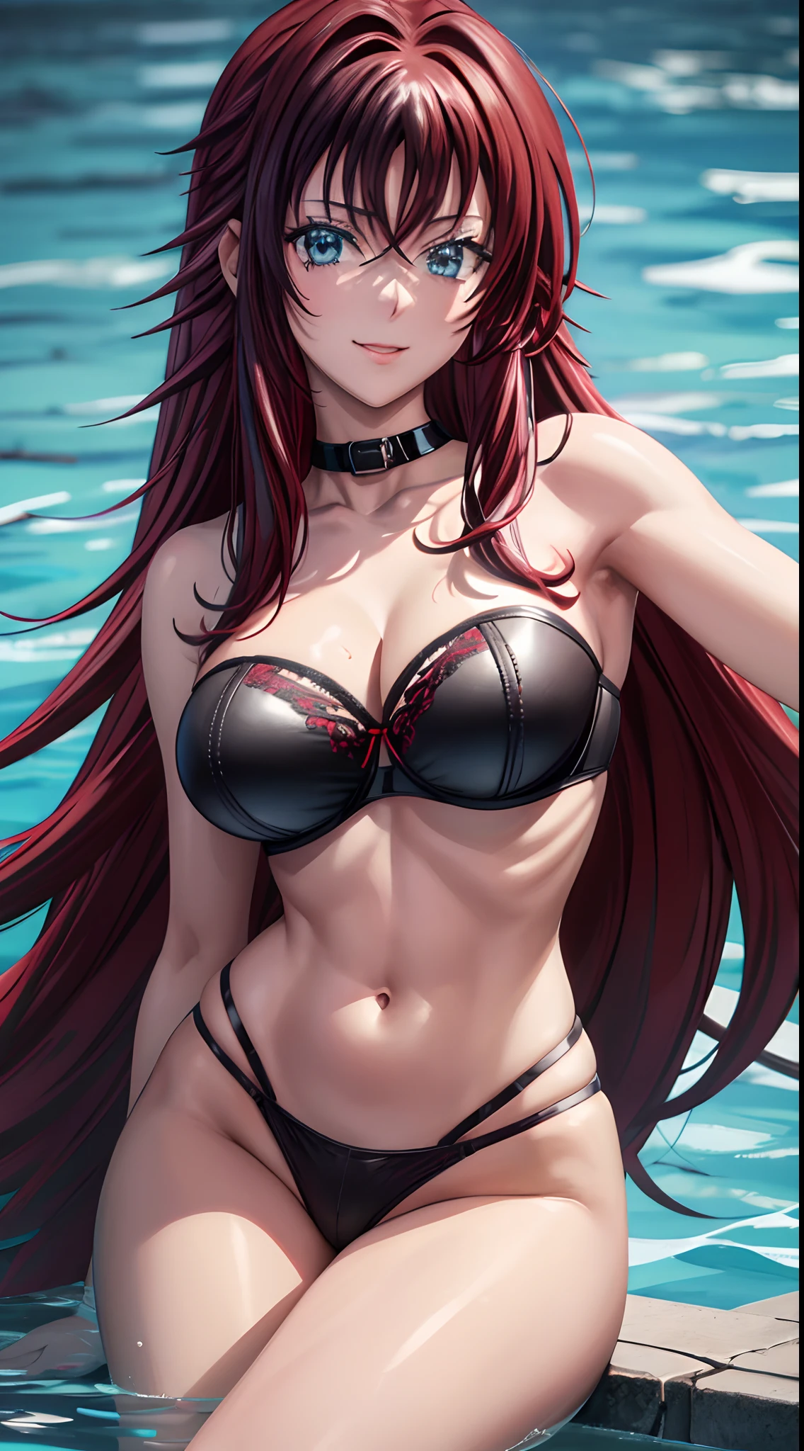 8k, highres, ultra detailed, (masterpiece:1.4), best quality, symmetrical body, (Black strapless bra:1.4), (black leather thong:1.4), choker, cute, solo, earrings, long hair, (red hair:1.4), blue eyes, glow effect, finely eye, grinning, wide smile, detailed face, looking at viewer, smilling at viewer, pool, swimming, angled view, big breasts, teasing, seductive look