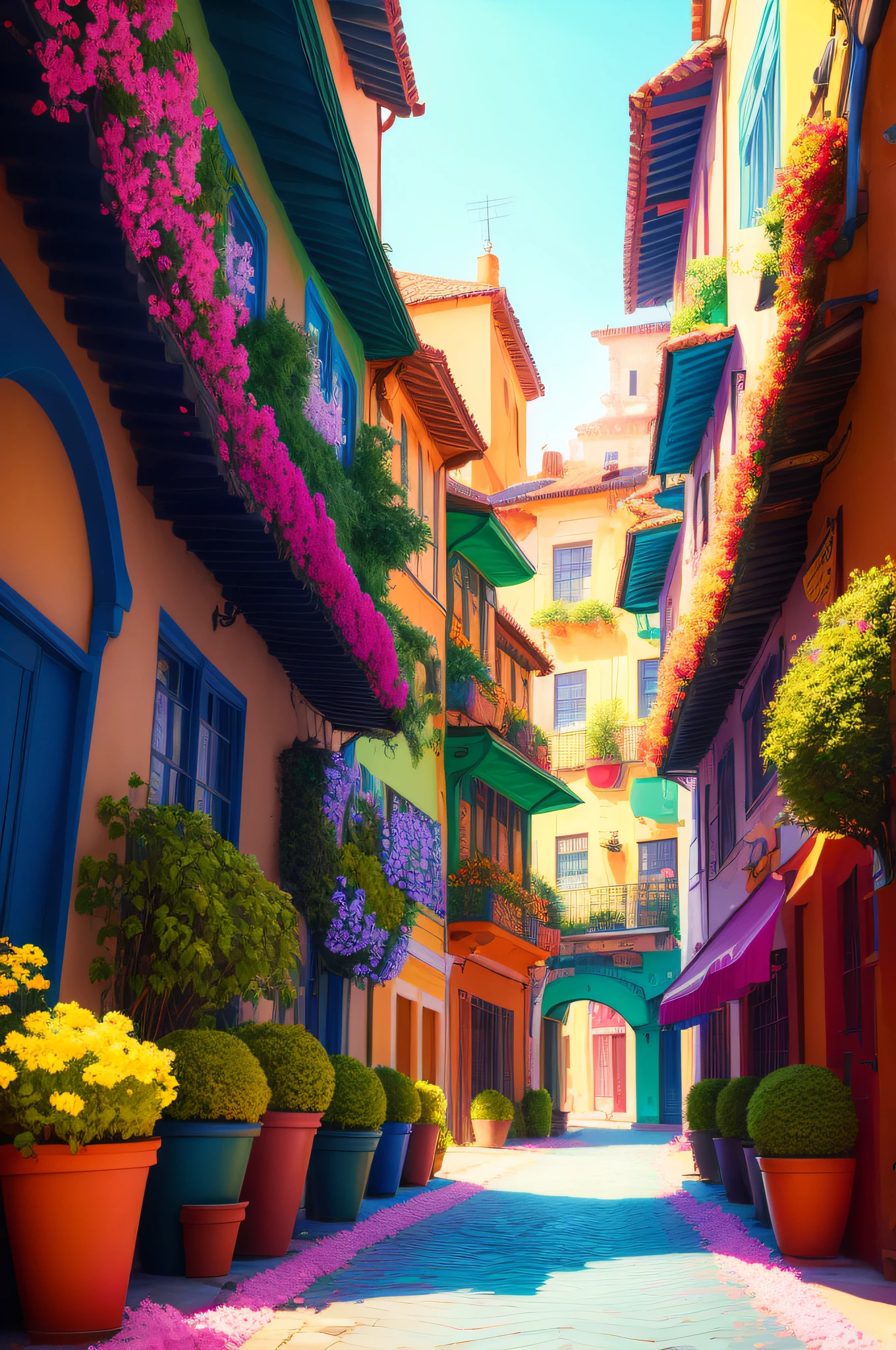 There is a street painting with flowers and plants, Beautiful digital artwork, beautiful digital painting, Beautiful art UHD 4 K, beautiful digital art, 4k highly detailed digital art, highly detailed digital painting, Beautiful cityscape, 8K high quality detailed art, Stylized digital art, Very Beautiful Digital Art, Detailed painting 4 K, Digital painting style, Beautiful digital illustration,(Color intensity%100)(Color saturation 90)(Color contrast ratio 100)