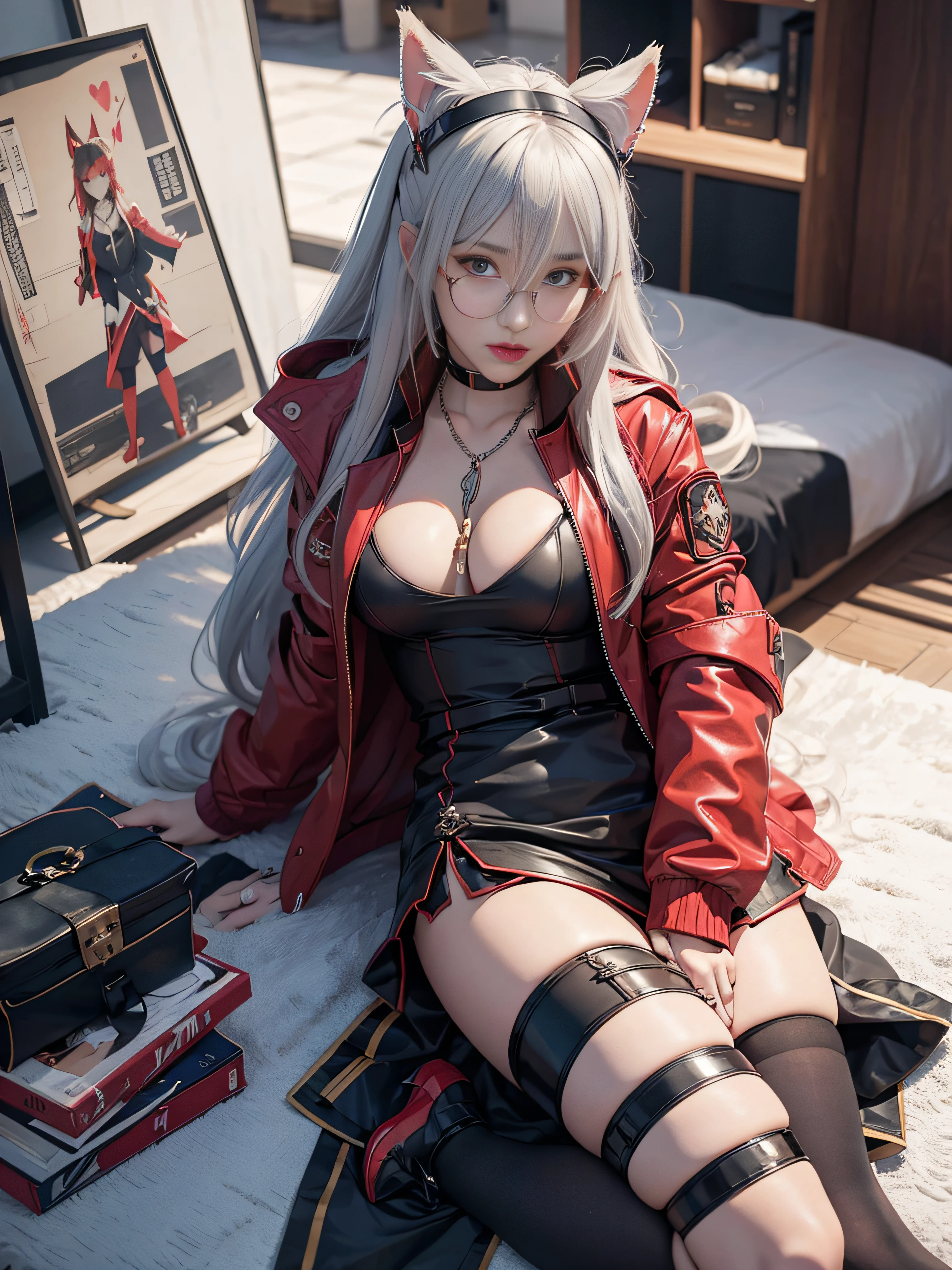 Prinz Eugen character, anime girl with long and red jacket posing, Nude body, tattoo, bondage chains, hentai, heart shaped glasses, seductive anime girl, anime 8k, azur lane style, from girls frontline, attractive anime girl, badass anime 8 k, anime style 8k, perfect white haired girl, female anime character, characters from azur lane, Prinz Eugen's jacket, Prinz Eugen's hairstyle, short skirt,