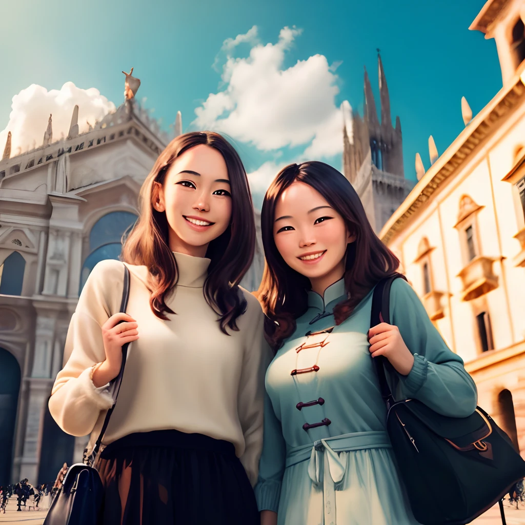 Chinese Italians smiling confidently in front of Milan Cathedral