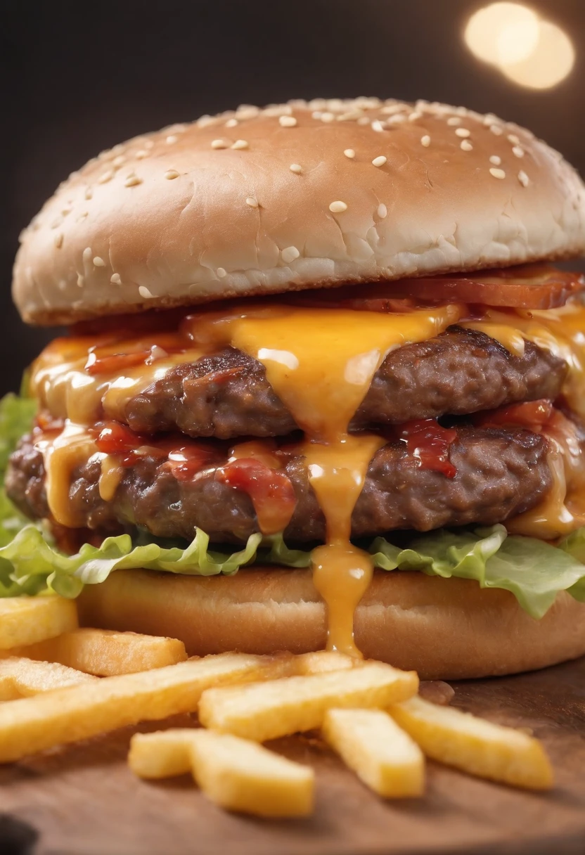 A burger falling in pieces juicy, tasty, hot, promotional photo, intricate details, hdr, cinematic, adobe lightroom, highly detailed, melted cheese falling, ketchup and mustard dripping, glass with fresh orange juice next to, golden and crispy slices of bacon, Golden and crispy French fries cut into thin sticks,