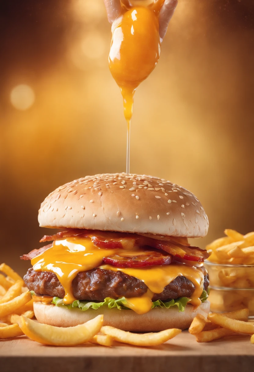 A burger falling in pieces juicy, tasty, hot, promotional photo, intricate details, hdr, cinematic, adobe lightroom, highly detailed, melted cheese falling, ketchup and mustard dripping, glass with fresh orange juice next to, golden and crispy slices of bacon, Golden and crispy French fries cut into thin sticks,