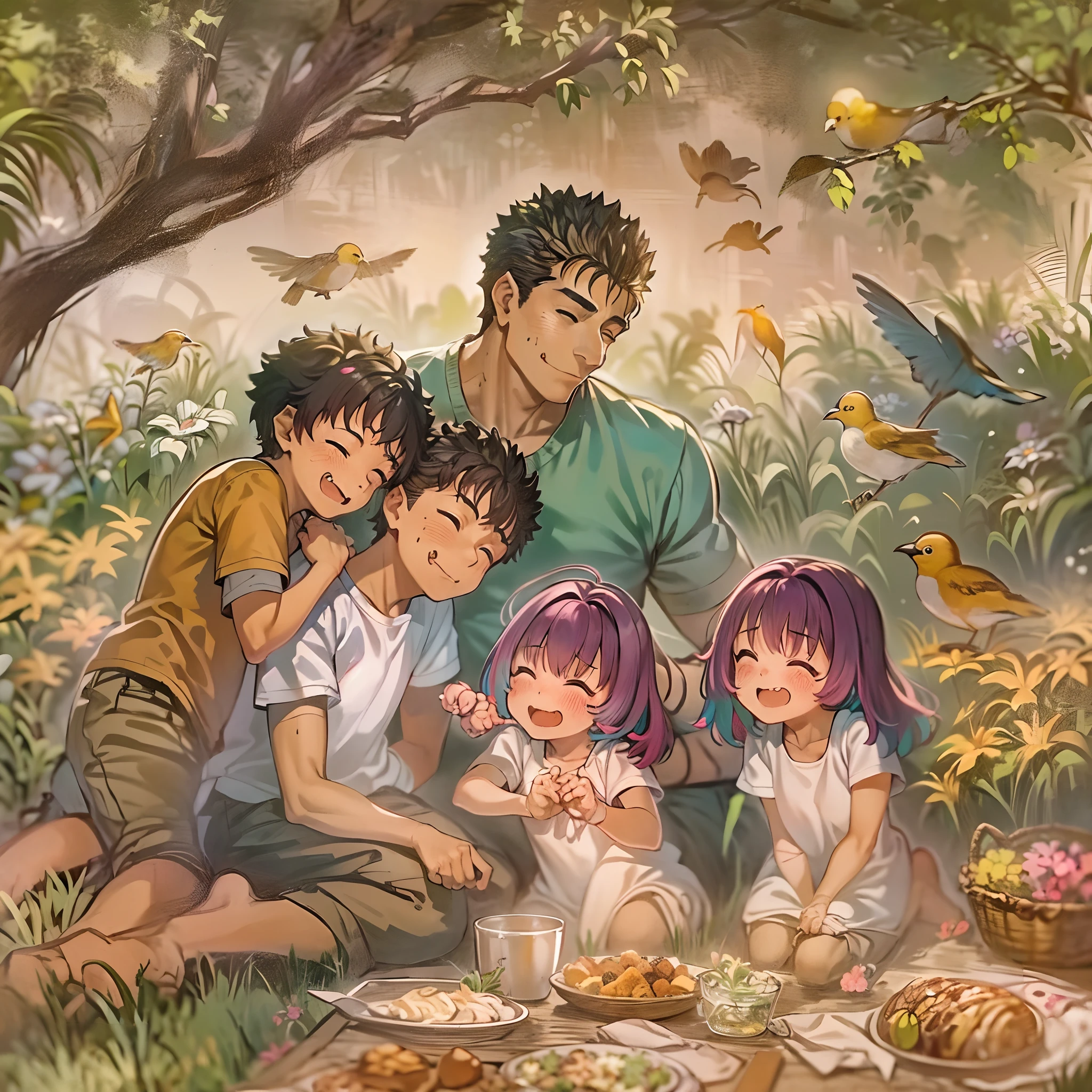 (a happy family in a picnic garden),(riamu as a motherly figure),(riamu and her husband spending quality time),(a couple enjoying the outdoors),(riamu's children playing and having fun),(guts as a loving and caring father),(a loving husband and wife),(riamu and her son sharing a joyful bond),(a happy and harmonious family),(the joyful laughter of children),(the warmth of family bonds),(a picturesque garden scene),(the vibrant colors of nature),(the soft sunlight filtering through the trees),(a peaceful and serene atmosphere),(guts and riamu surrounded by blooming flowers),(the scent of freshly cut grass),(a delicious picnic spread with a variety of food),(the sound of birds chirping),(the feeling of grass beneath their feet),(the love and happiness radiating from the family),(a moment of pure joy and togetherness),(a snapshot of a perfect family outing),(a memory to be cherished forever)