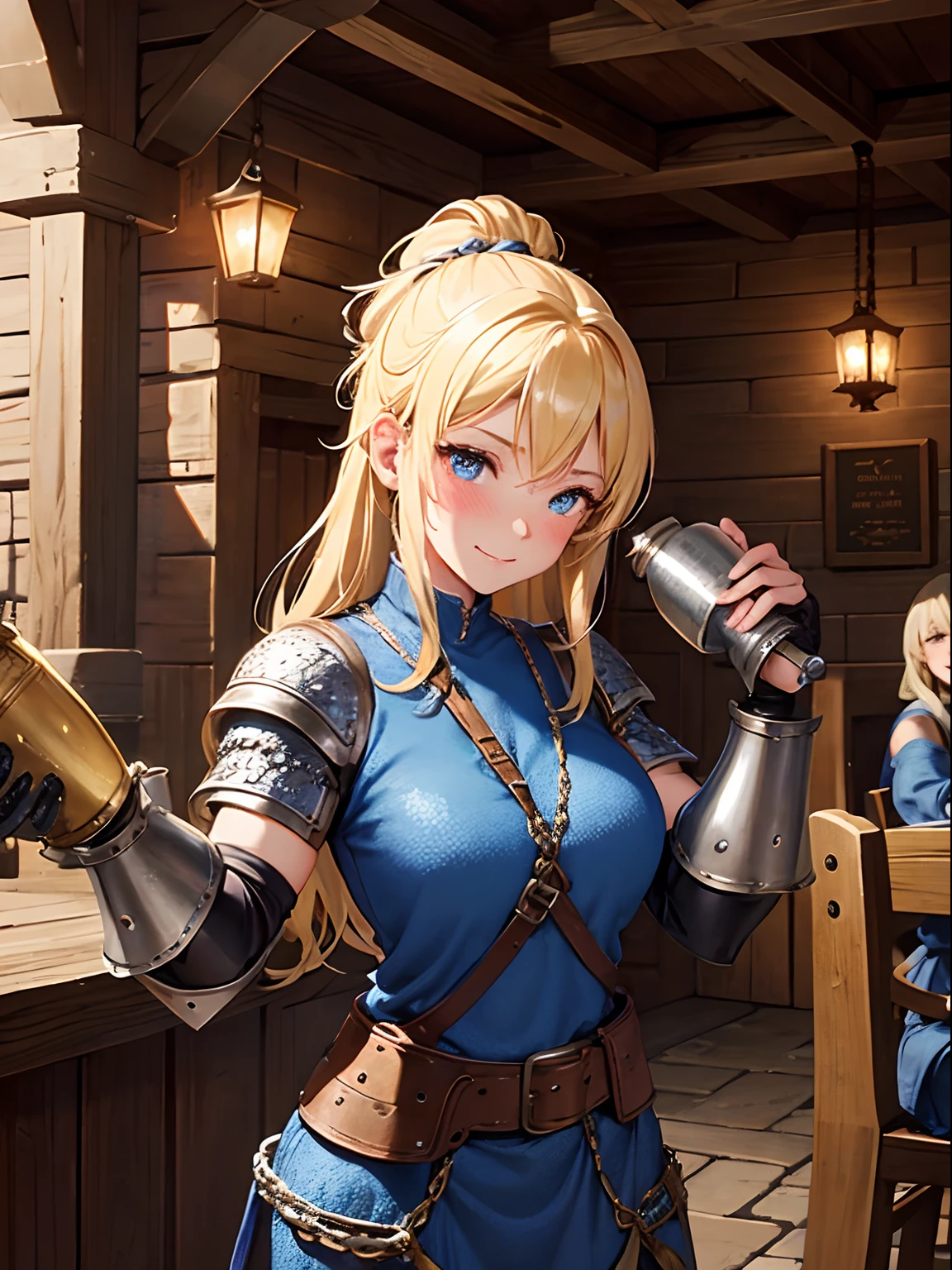 Close up, fantasy world, medieval tavern, adult woman, happy expression, drunk, blush, holding tankard, blonde hair tied back, muscular, chainmail, baggy blue clothing, medieval armour, leather elbow guards, leather