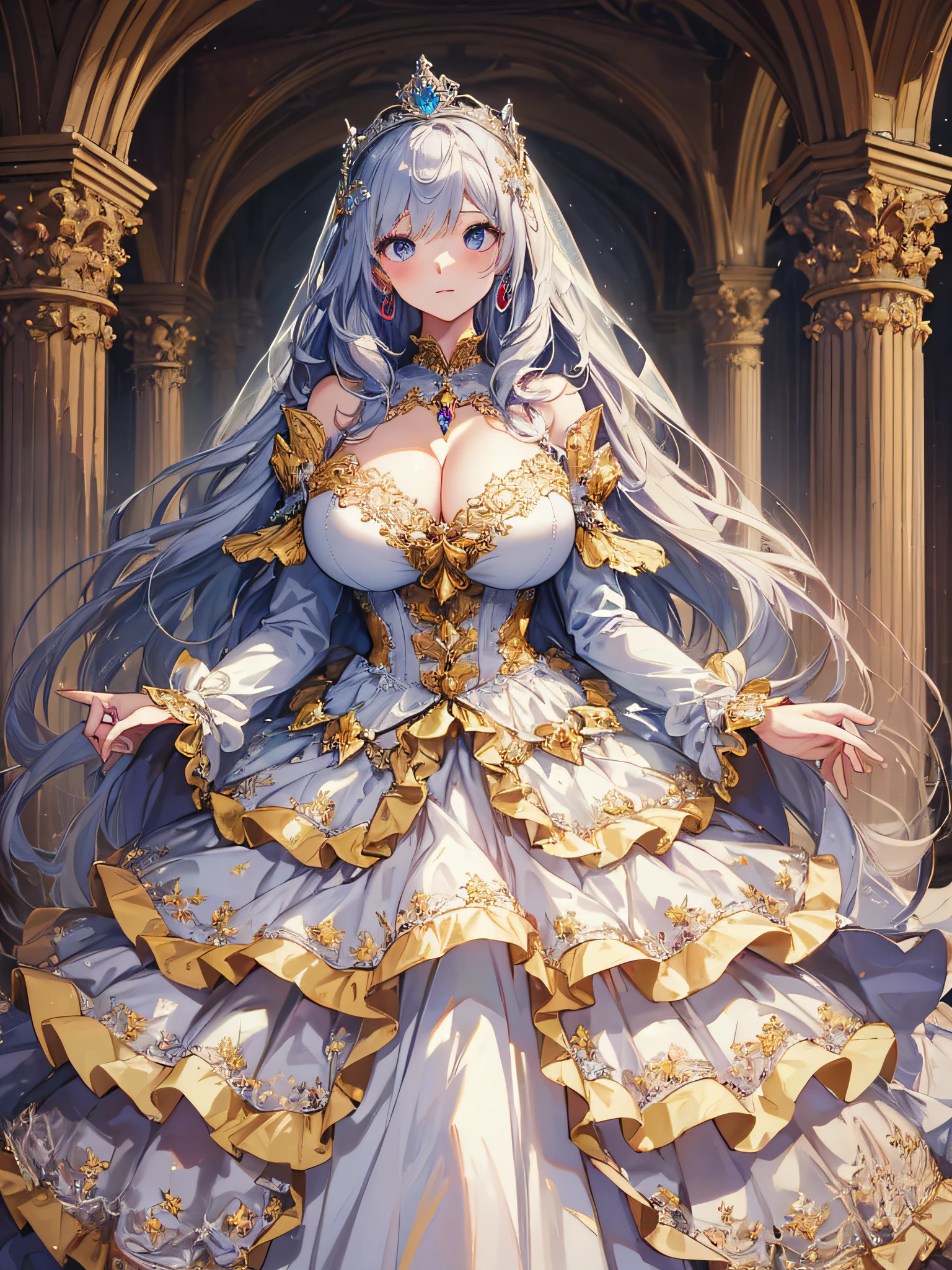 ((anime artstyle)),(Masterpiece),(Best Quality), (Super Detail),((Very Delicate and Beautiful)),cinematic lighting,1 girl,(((full body portrait))),standing in palace,((solo)),digital art,(((1 princess in gorgeous princess rococo ballgown with voluminous full length hoop skirt))),crinoline,long train,((beautiful embroidery and jeweled)),voluminous frills,See-through,(gorgeous embroidery and beautiful lace),(((gigantic tits,very huge tits,Long tits,skindentation))),((large amount of straight hair,extremely voluminous Hair,Very Long Straight Hair)),((finely detailed face and eyes)),clear pupil,extremely gorgeousfull hair ornament,(bling-bling jeweled extremely gorgeousfull tiara),(bling-bling gorgeous gemstone jewelry),long veil,(beautiful background),full body,((gorgeous princess rococo ballgown with voluminous full length hoop skirt))