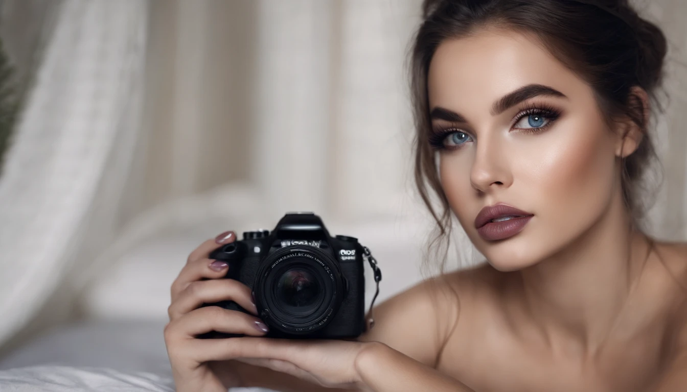 Arafed woman completely , fille sexy aux yeux bleus, ultra realist, Meticulously detailed, Portrait Sophie Mudd, cheveux noir et grands yeux, selfie of a young woman, Yeux de chambre, Violet Myers, sans maquillage, maquillage naturel, looking straight at camera, Visage avec Artgram, Maquillage subtil, Great photo of the whole body kneeling on the bed, dans la chambre, Buste de grande taille, Face as photo ID