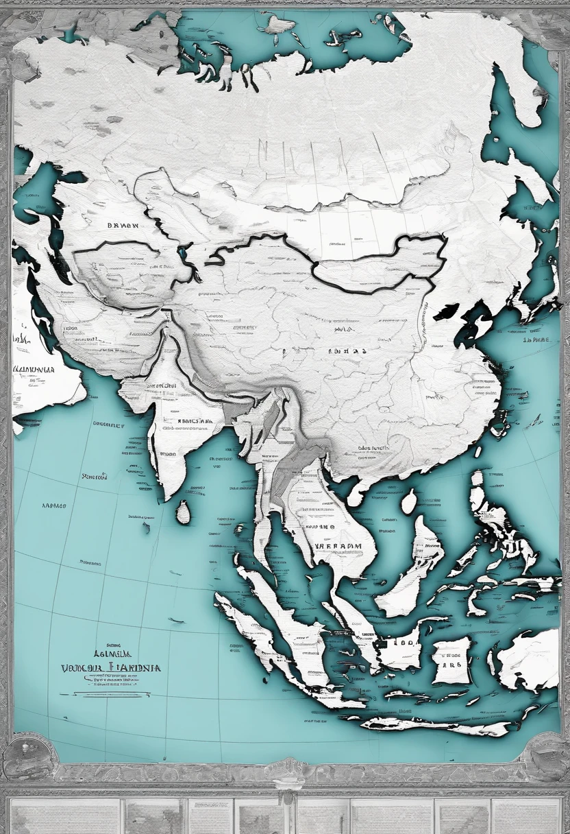 Una foto del mapa asiatico en blanco y negro, marcando con color llamativo a Indonesia y Vietnam
