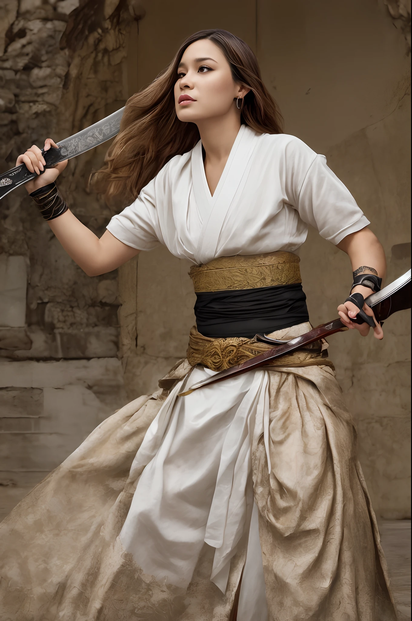 mulher em uma roupa de quimono segurando uma espada e uma flor, inspirado em Magali Villeneuve, female samurai,  She's holding a machete sword, Masayoshi Suto e Artgerm, Graphic artist Magali Villeneuve, Artgerm detalhado, foto Realista