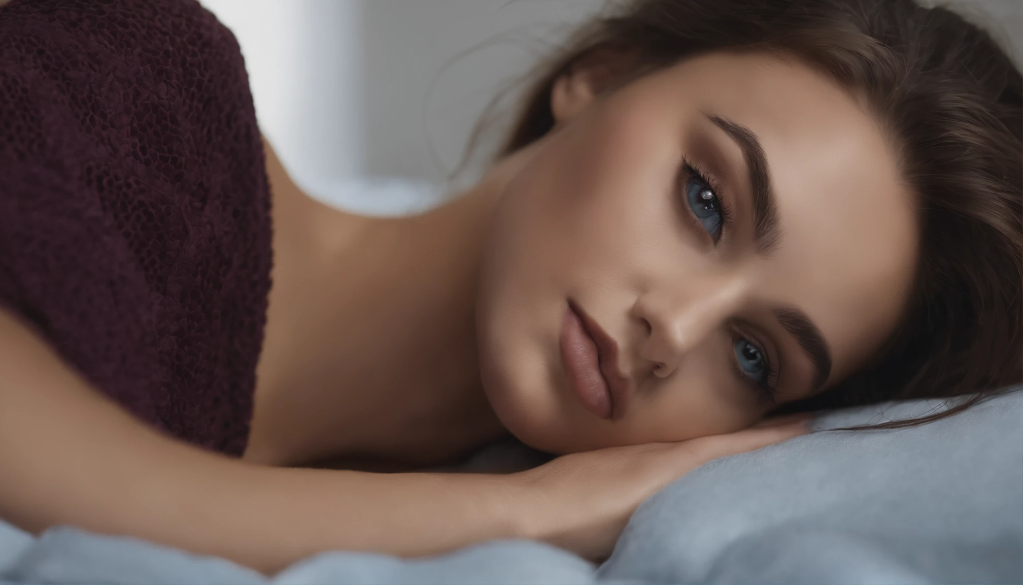 Arafed woman completely , fille sexy aux yeux bleus, ultra realist, Meticulously detailed, Portrait Sophie Mudd, cheveux noir et grands yeux, selfie of a young woman, Yeux de chambre, Violet Myers, sans maquillage, maquillage naturel, looking straight at camera, Visage avec Artgram, Maquillage subtil, Great photo of the whole body kneeling on the bed, dans la chambre, Buste de grande taille, Face as photo ID