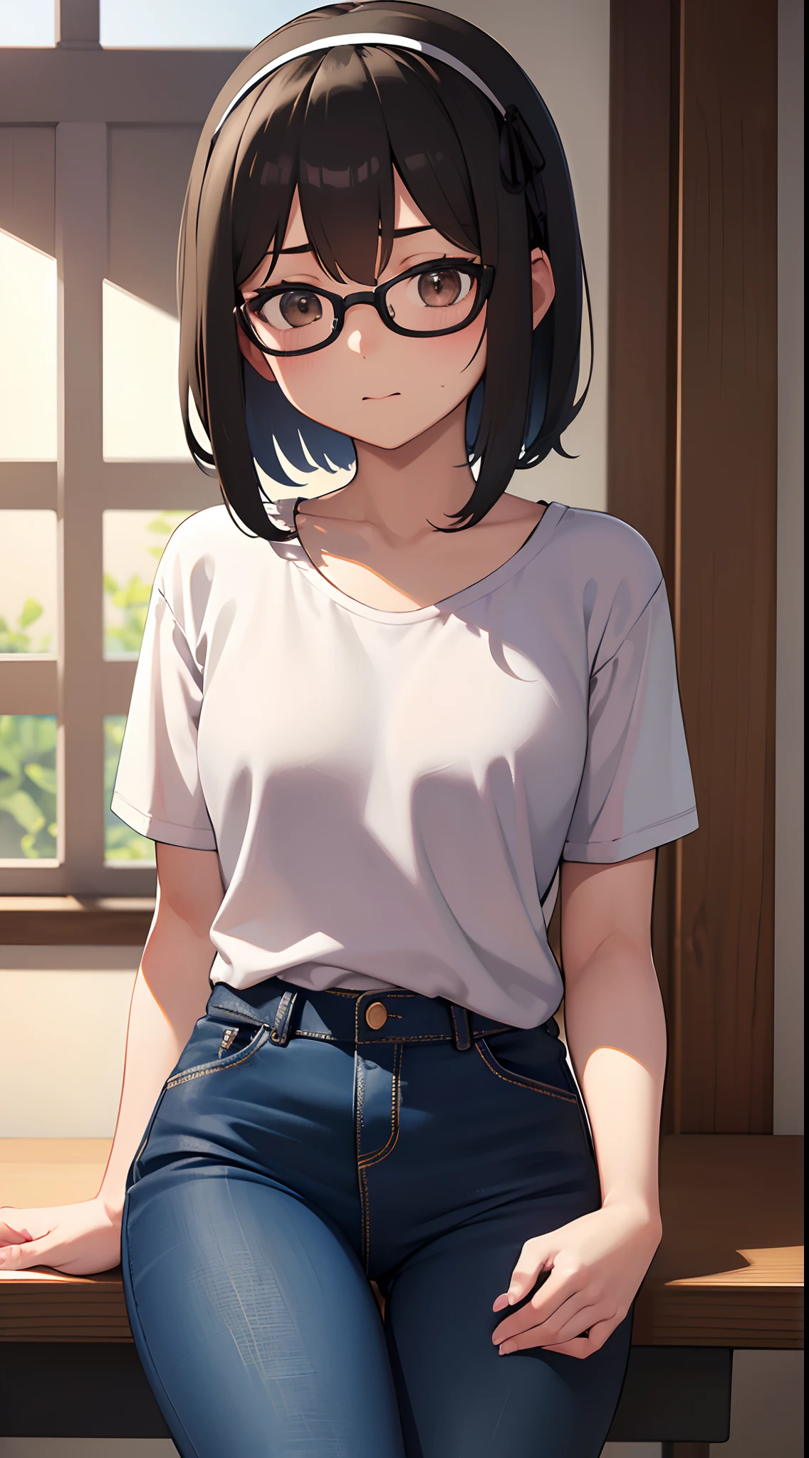 (masutepiece, Best Quality, Capture super cute moments, depth of fields, ultra-detailliert, Ultra High Resolution, C4D, Octadale, 3D Modeling, 8K, 16 K, one girls,a junior high school student, small tits,A dark-haired,short-hair,straight haired,Light brown eyes, horseshoe-shaped hairband,wearing black glasses,Cute face), tshirts、jeans、Western-style room、sit a chair、Big radio on desk、Cross your arms in the middle