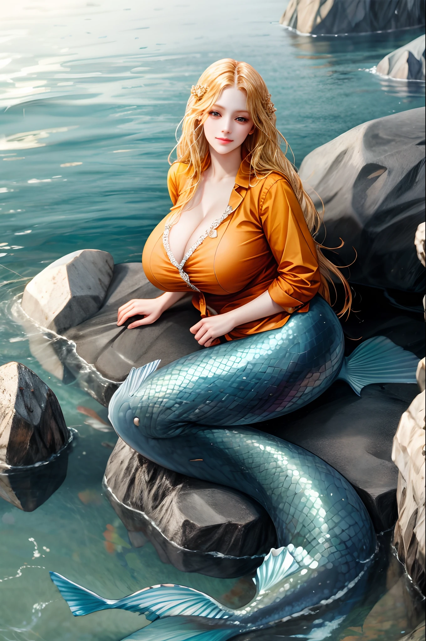 cute mermaid with huge breasts long blonde hair & a orange shirt sitting in a rock in middle of the sea
