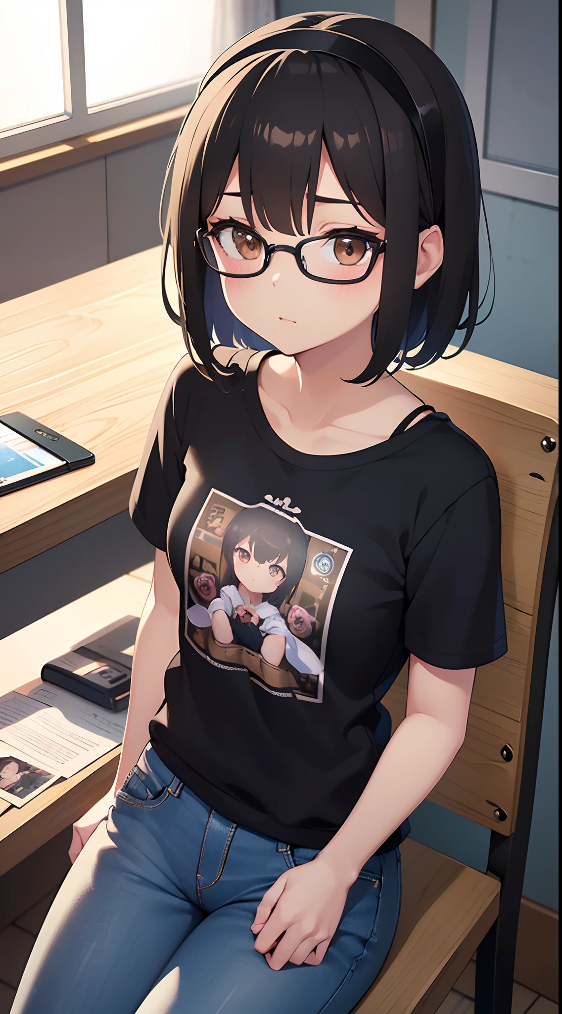 (masutepiece, Best Quality, Capture super cute moments, depth of fields, ultra-detailliert, Ultra High Resolution, C4D, Octadale, 3D Modeling, 8K, 16 K, one girls,a , small tits,A dark-haired,short-hair,straight haired,Light brown eyes, horseshoe-shaped hairband,wearing black glasses,Cute face), tshirts、jeans、Western-style room、sit a chair、Big radio on desk、Cross your arms in the middle