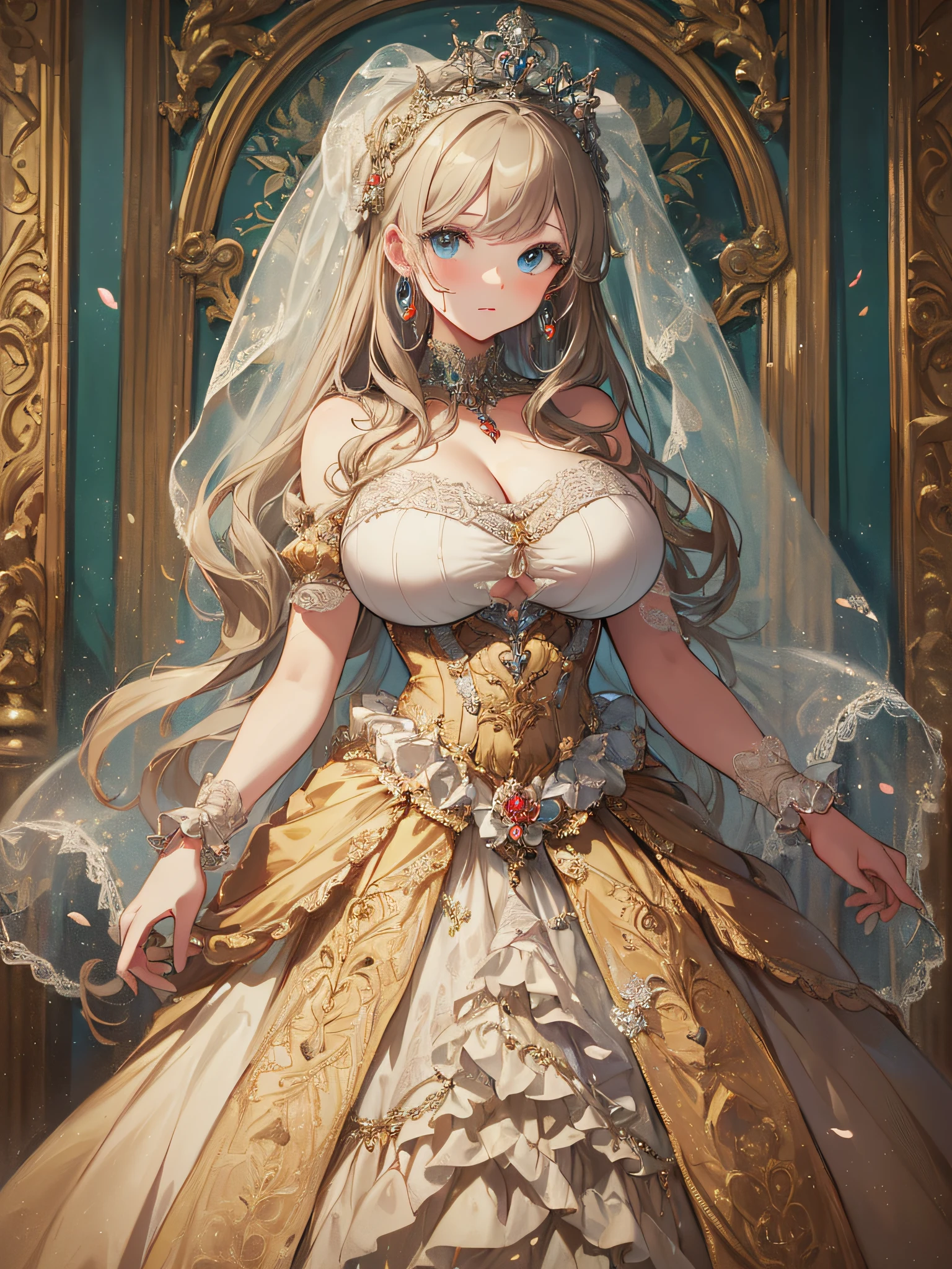 ((anime artstyle)),(Masterpiece),(Best Quality), (Super Detail),((Very Delicate and Beautiful)),Focus on character,Dynamic Angle,Looking at viewer,((Solo)),standing,((full body)),((one princess in gorgeous ball gown wedding dress with voluminous skirt)),((June bride)),detailed face and eyes,jewel-like eyes,((Very Long voluminous Hair)),gorgeous embroidery and lace,((gorgeous corsage)),See-through,(Gorgeous jewelry ornaments),luxury hair ornament,luxury tiara with jewels,ornate ruffles,((gigantic breasts,Long breasts)),indoor,church wedding,((full body)),hoop skirt,crinoline,very long wedding veil,(((fusion of jeweled wedding dress and gorgeous embroidery rococo ballgown))),