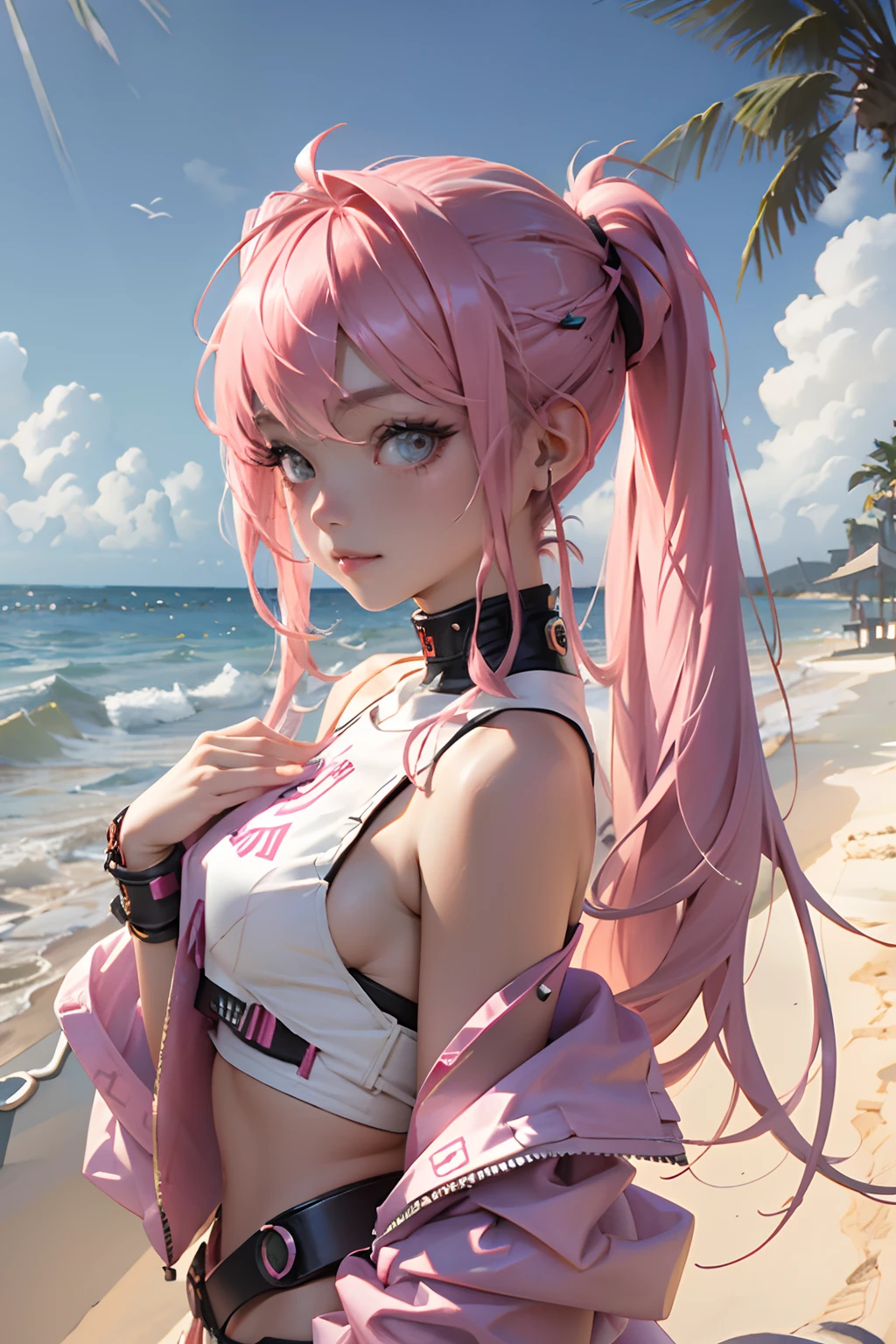 Beautiful woman pink twin tail long hair、cyberpunk style short clothes、gazing at viewer、front facing、A slight smil、sea side、Palm trees