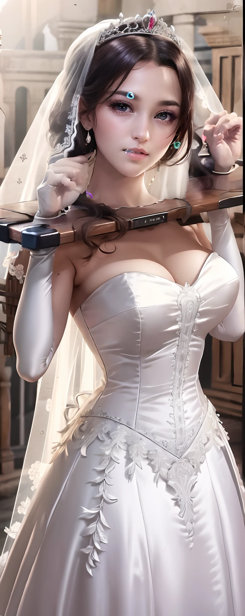 Close-up of a beautiful bride wearing a beautiful wedding dress, Gurwitz,(Pillory:1.5), (flail:1.2), flail on the head, flail on the hands,(bridal veil: 1.5), (transparent short veil: 1.5), flushed face, head flower, tiara, Very detailed princess wedding dress,(tube wedding dress: 1.5), (silk dress: 1.2 ), (strapless wedding dress: 1.5), (floor length skirt:1.2), pure white dress,white long skirt, necklace, earrings, (huge breasts: 1.3), deep V heart-neck wedding dress, bangs, lipstick, (lace gloves: 1.3), high detail RAW Color art,