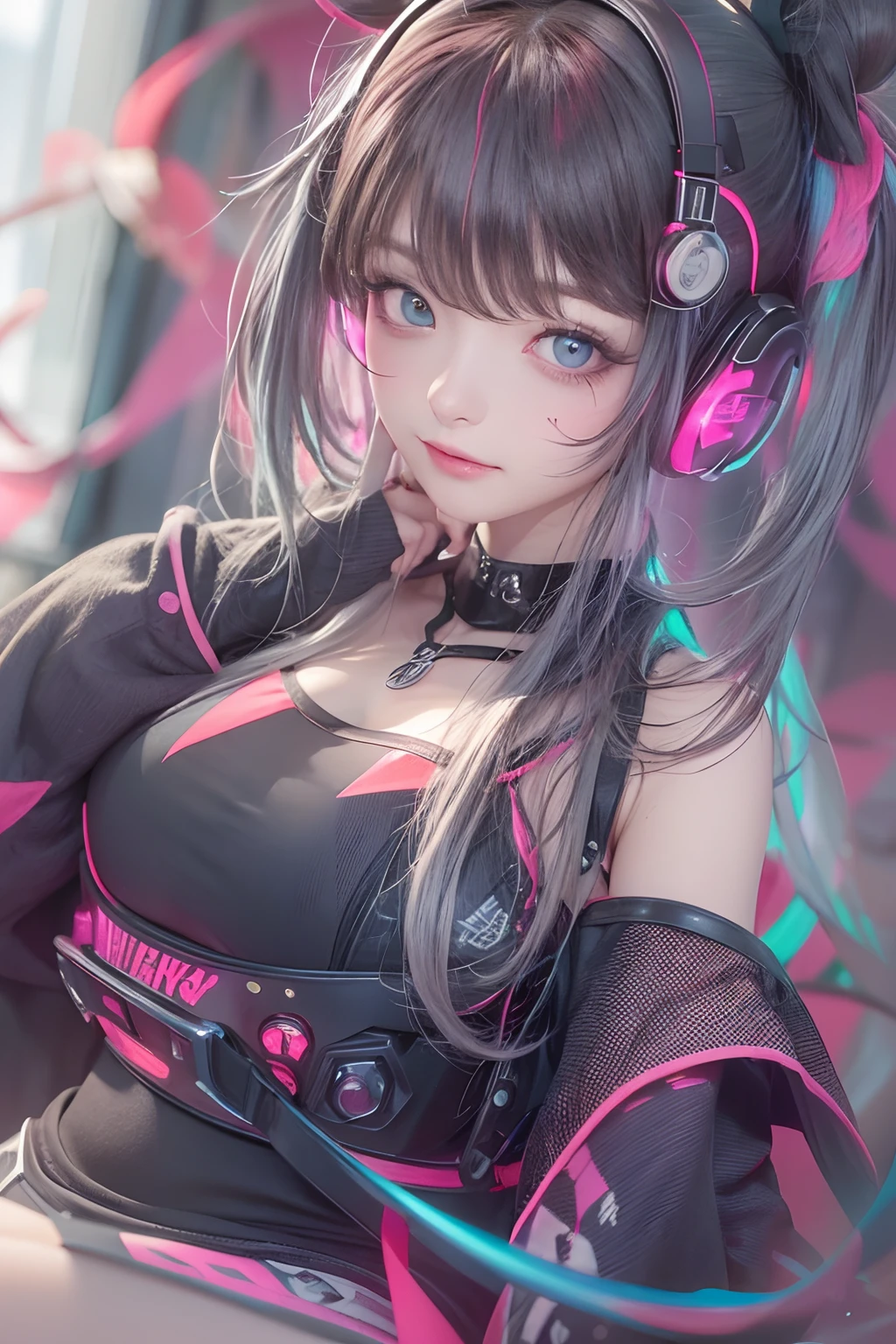 masterpiece, 1 beautiful girl, Detailed eye, Swollen eyes, top-quality, 超A high resolution, 电影灯光, japanes, a asian beauty, very extremely beautiful, Beautiful skins, A slender, Forward-facing body, gazing at viewer、(animesque), (hight resolution), , (ighly detailed), ( Best Illustration), (beautifully detailed eyes), (ultra-detailliert), 详细的脸, Bright lighting, Professional Lighting、The background is a cyberpunk room with a large number of monitors............、Hair color is pink twin tails、、headset on head、Moles under the eyes、Plump and glossy lips、Heart-shaped choker、Female Game Commentator、animesque