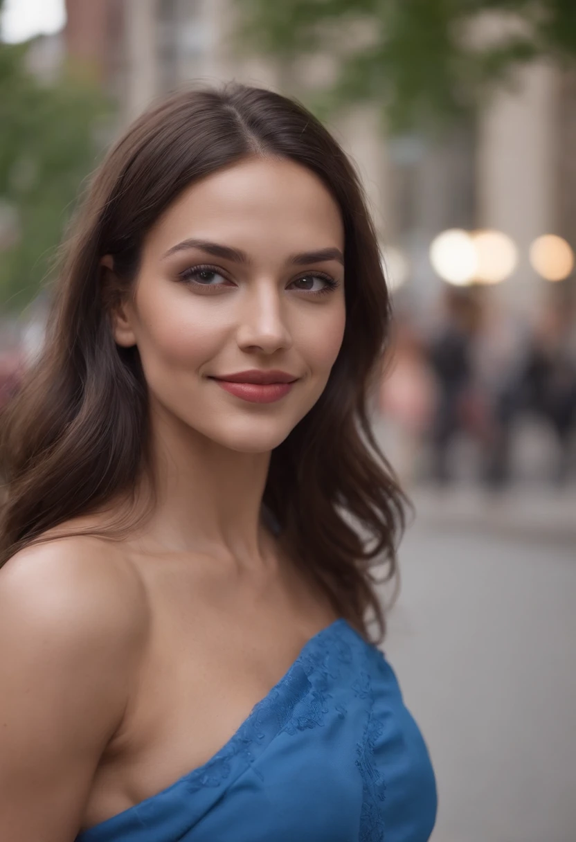 Métis woman, teint clair,visage jeune,cheveux noir,robe bleu,sourire magnifique,very attractive,City of Montreal
