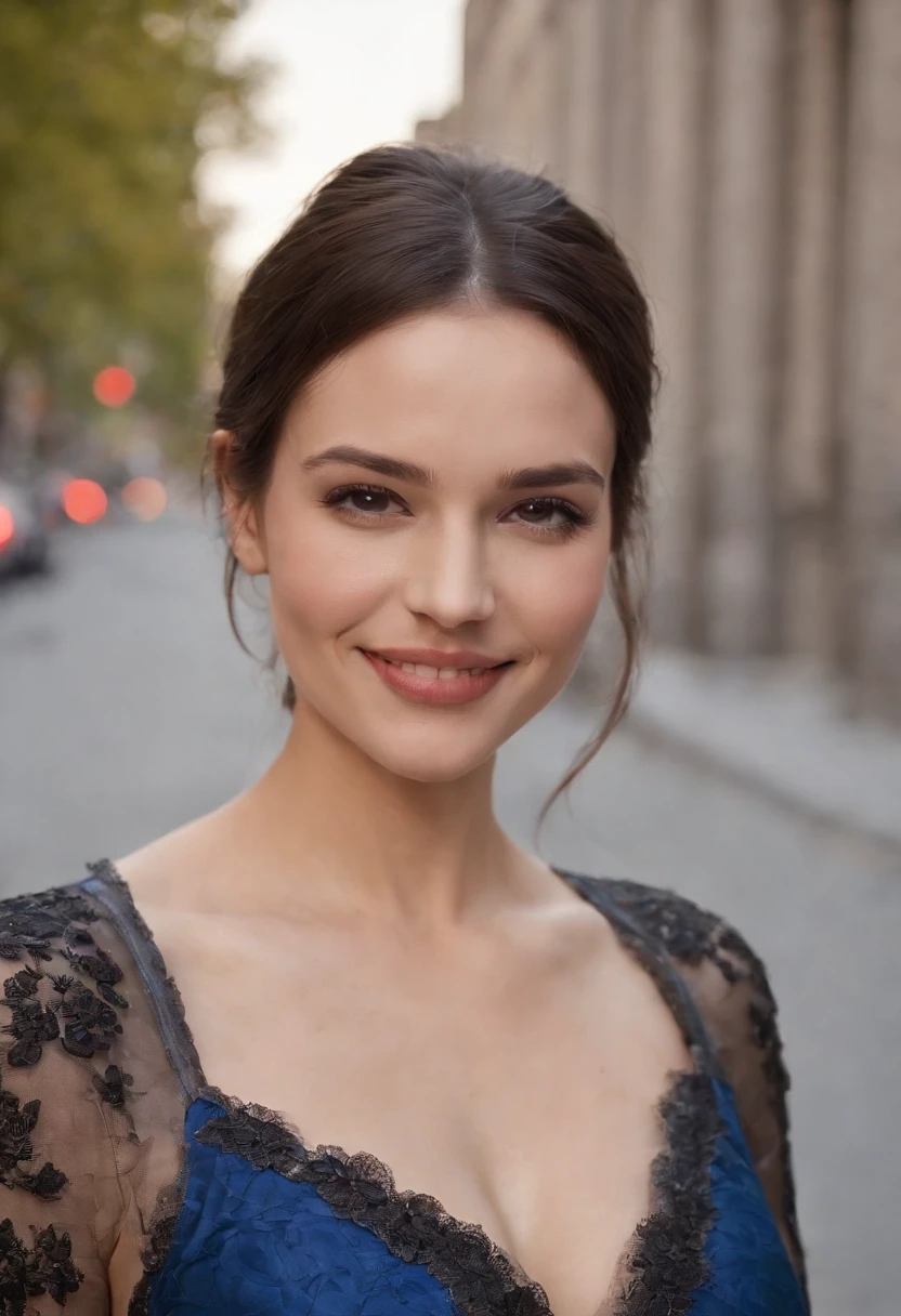 Métis woman, teint clair,visage jeune,cheveux noir,robe bleu,sourire magnifique,very attractive,City of Montreal