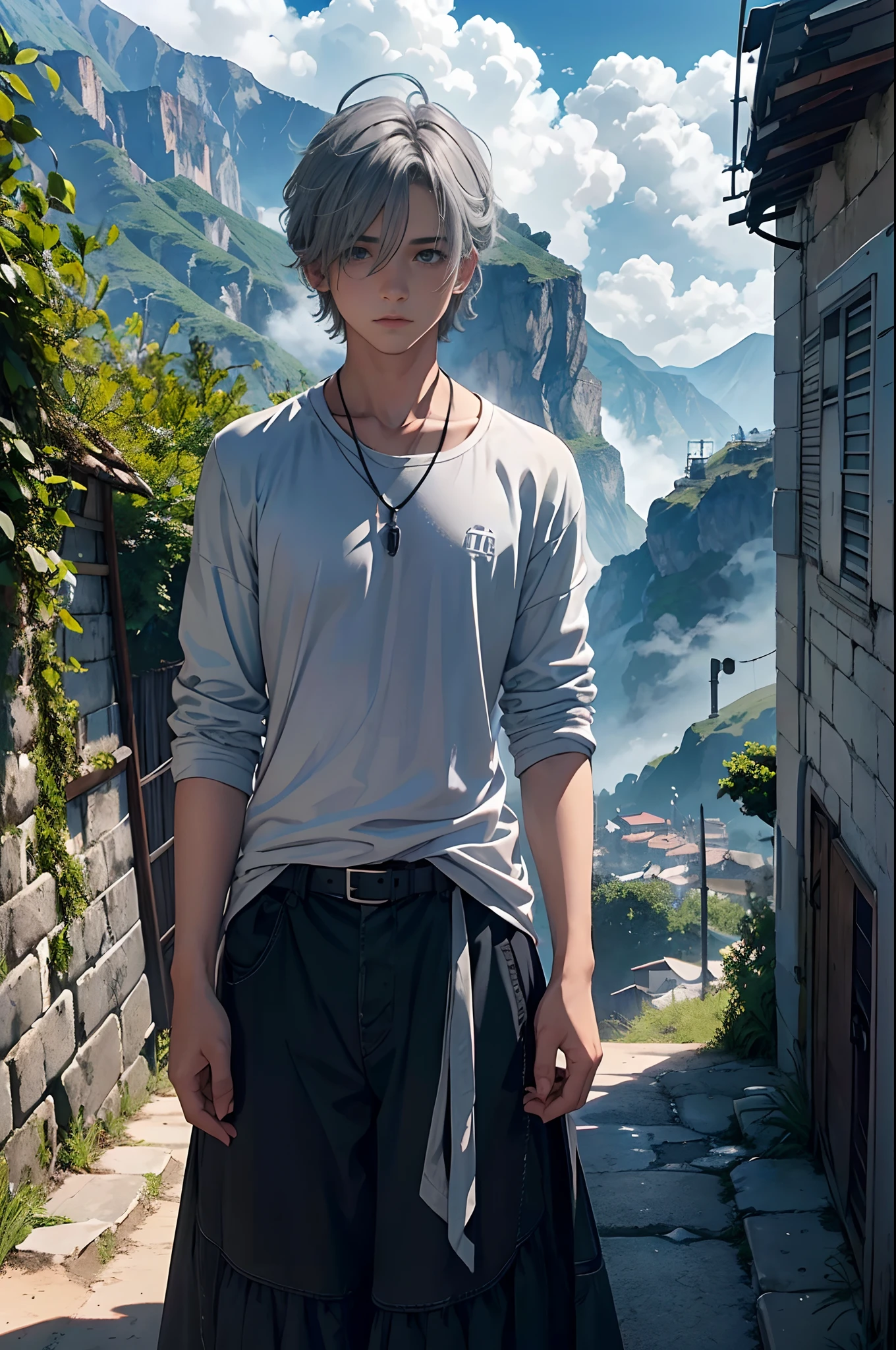 (Un joven con cabello gris plateado, Los ojos grises en el fondo parecen un pueblo, and the green mist of the mountains and clouds come down from the beautiful age sky) viste de azul es masculino con cabello color plateado ojos grises