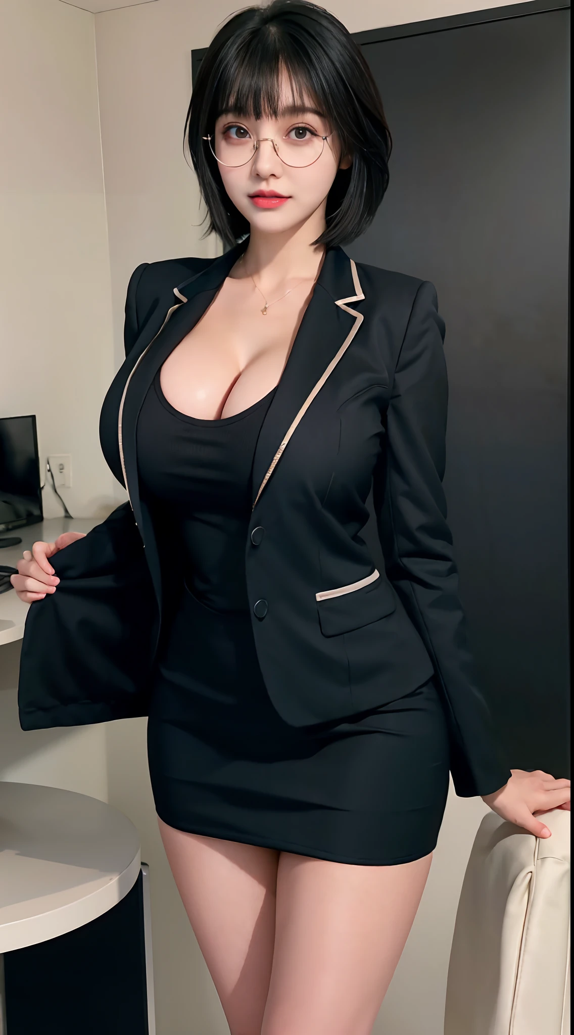 (Nsfw:1) there is a busty woman in a white jacket and black short skirt posing for a picture, huge fake boobs, sexy muscular body, slim waist, big buttocks, front bangs short hair, (glasses), business clothes, generous cleavage open jacket, wearing black business suit, girl in suit, wearing business suit, office clothes, wearing a black noble suit, girl in a suit, open jacket, woman in black business suit, ji-min, black sweater suit, business attire, lab room, full body, standing.