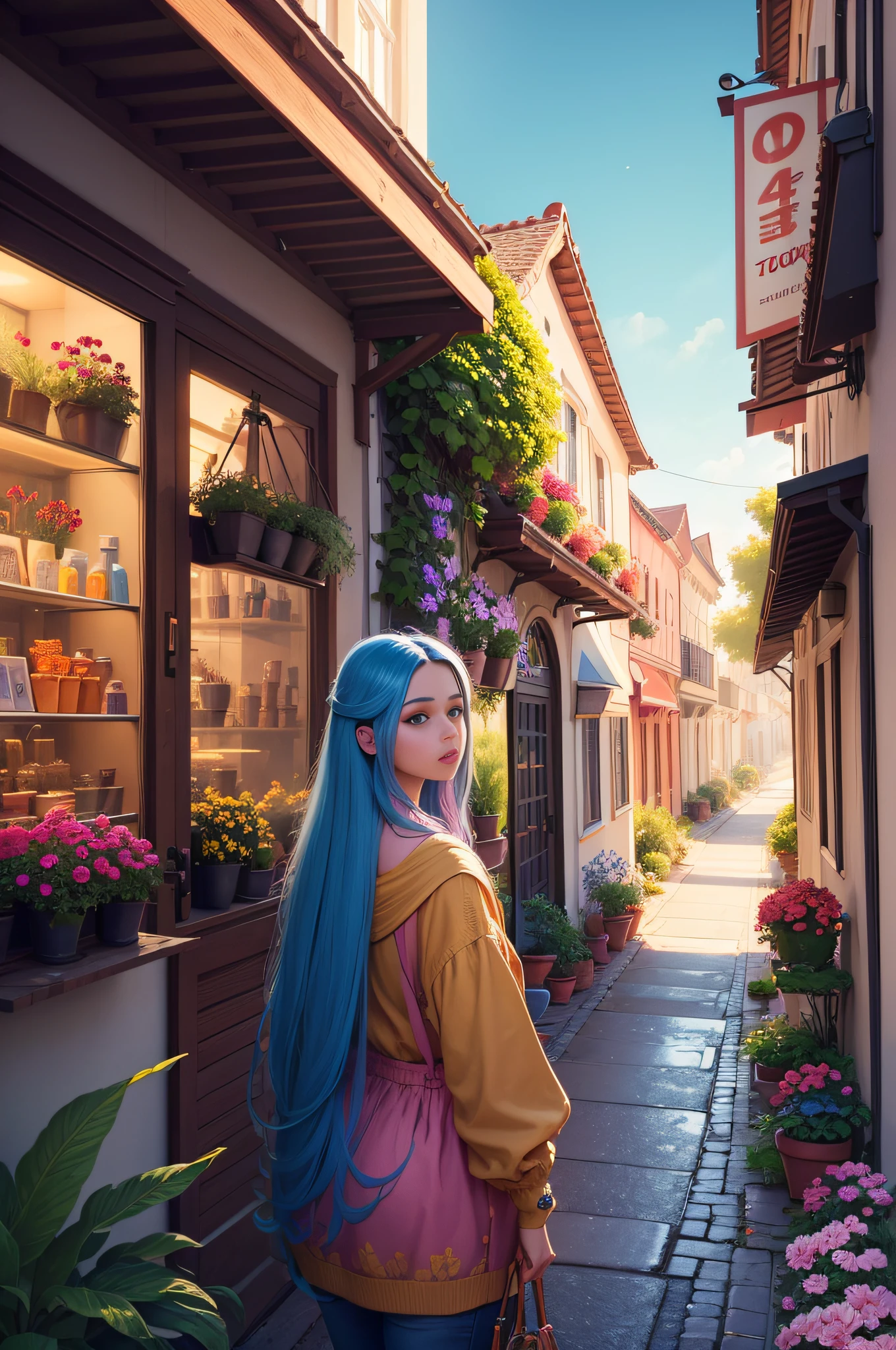There is a street painting with flowers and plants, Beautiful digital artwork, beautiful digital painting, Beautiful art UHD 4 K, beautiful digital art, 4k highly detailed digital art, highly detailed digital painting, Beautiful cityscape, 8K high quality detailed art, Stylized digital art, Very Beautiful Digital Art, Detailed painting 4 K, Digital painting style, Beautiful digital illustration,(Color intensity%100)(Color saturation%100)(Color contrast%100)