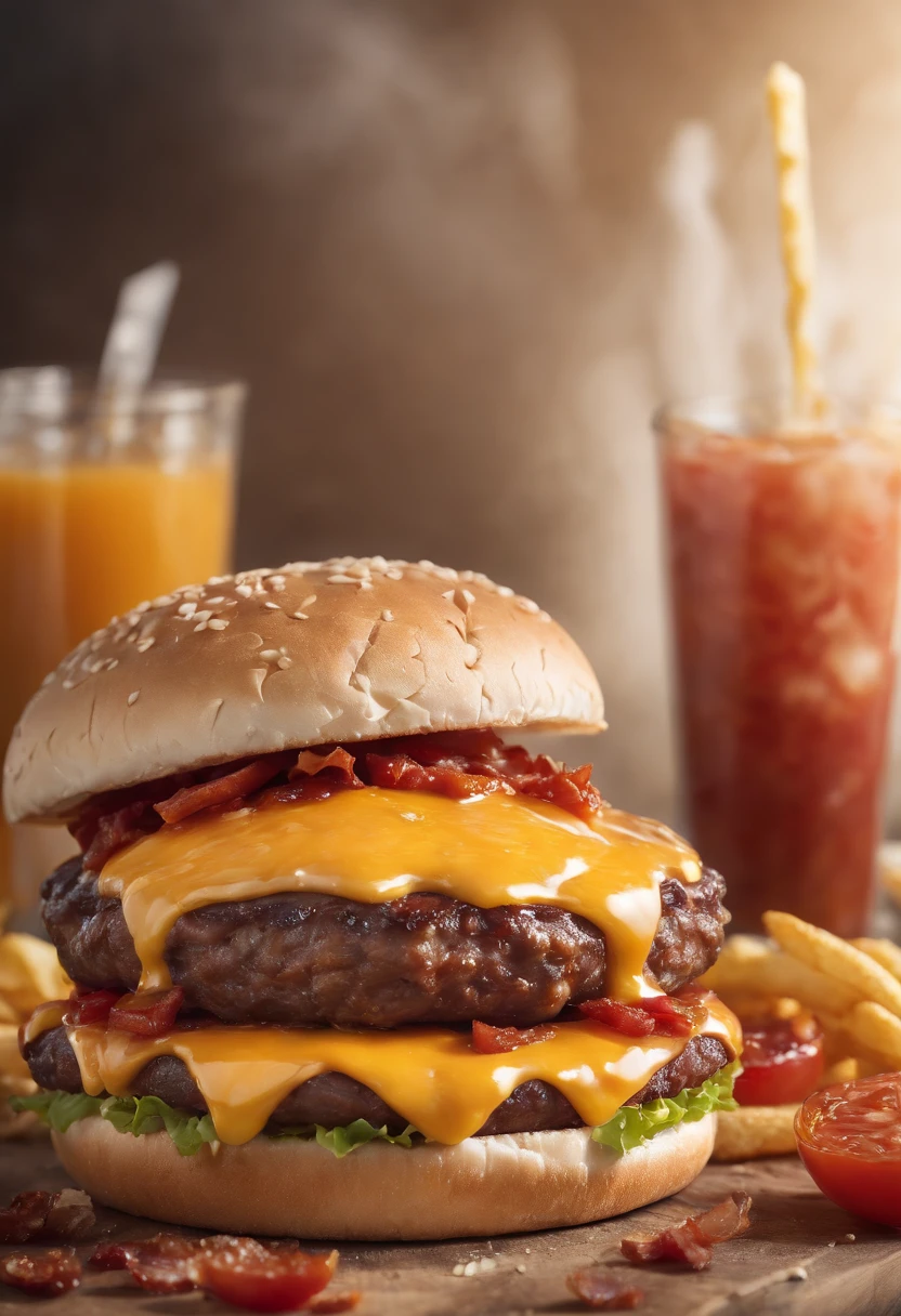 A burger falling in pieces juicy, tasty, hot, promotional photo, intricate details, hdr, cinematic, adobe lightroom, highly detailed, melted cheese falling, ketchup and mustard dripping, glass with fresh orange juice next to, golden and crispy slices of bacon, Golden and crispy French fries cut into thin sticks, four levels of meat hamburger, sandwich topped with lightly toasted bread and sun-dried tomato zest