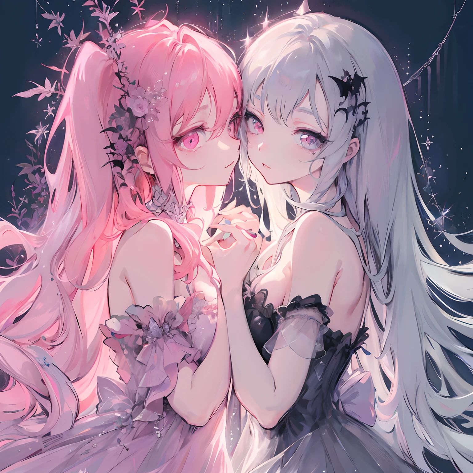 anime, two girls in dresses, one with pink hair, the other with white hair, two beautiful anime girls, zerochan art, digital art on pixiv, guweiz on pixiv artstation, nightcore, pixiv, anime girls, trending on artstation pixiv, beautiful anime art style, beautiful anime artwork